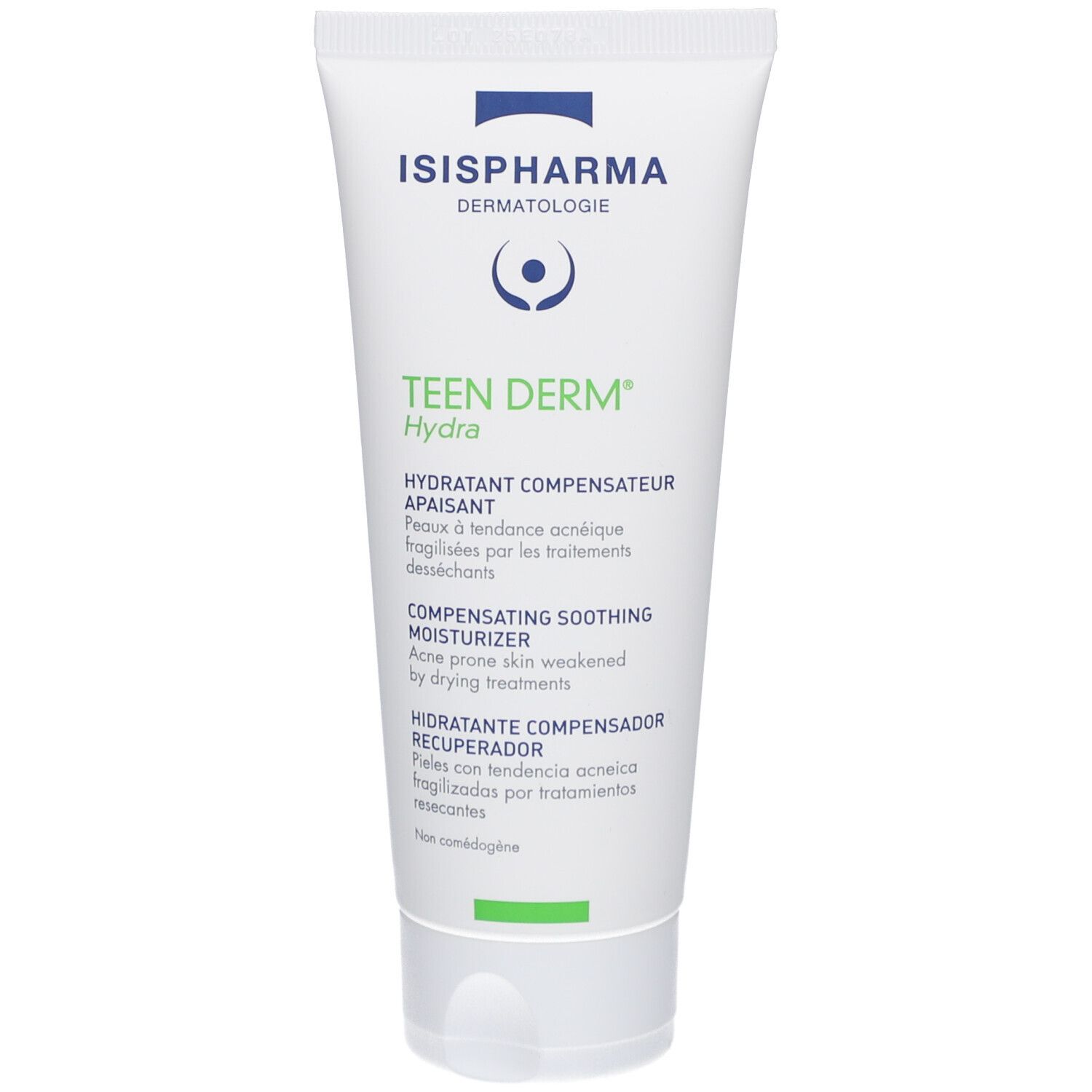 Tube blanc avec impression verte et bleue. Contient Teen Derm Hydra d'ISISPHARMA. Texte en français, anglais et espagnol.