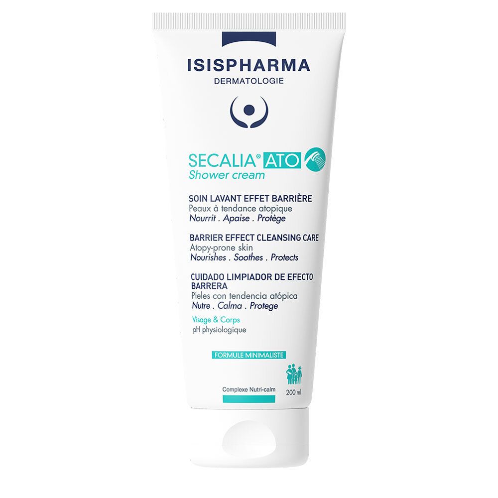 Weiße Tube ISISPHARMA Secalia Ato Shower Cream. Text: Secalia Ato, Barrier Effect Cleansing Care. pH physiologisch. 200ml.