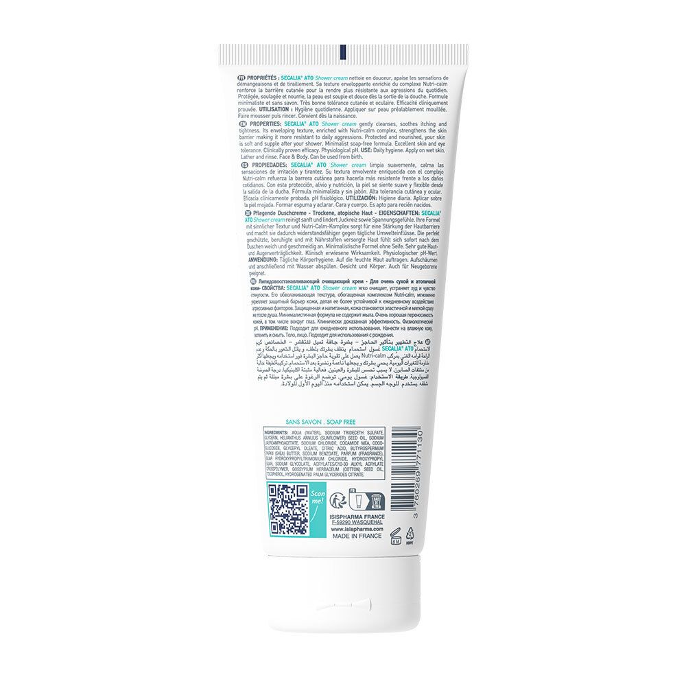 Rückseite der weißen Tube ISISPHARMA Secalia Ato Shower Cream. Text und Inhaltsstoffe. QR-Code und Recycling-Symbole.