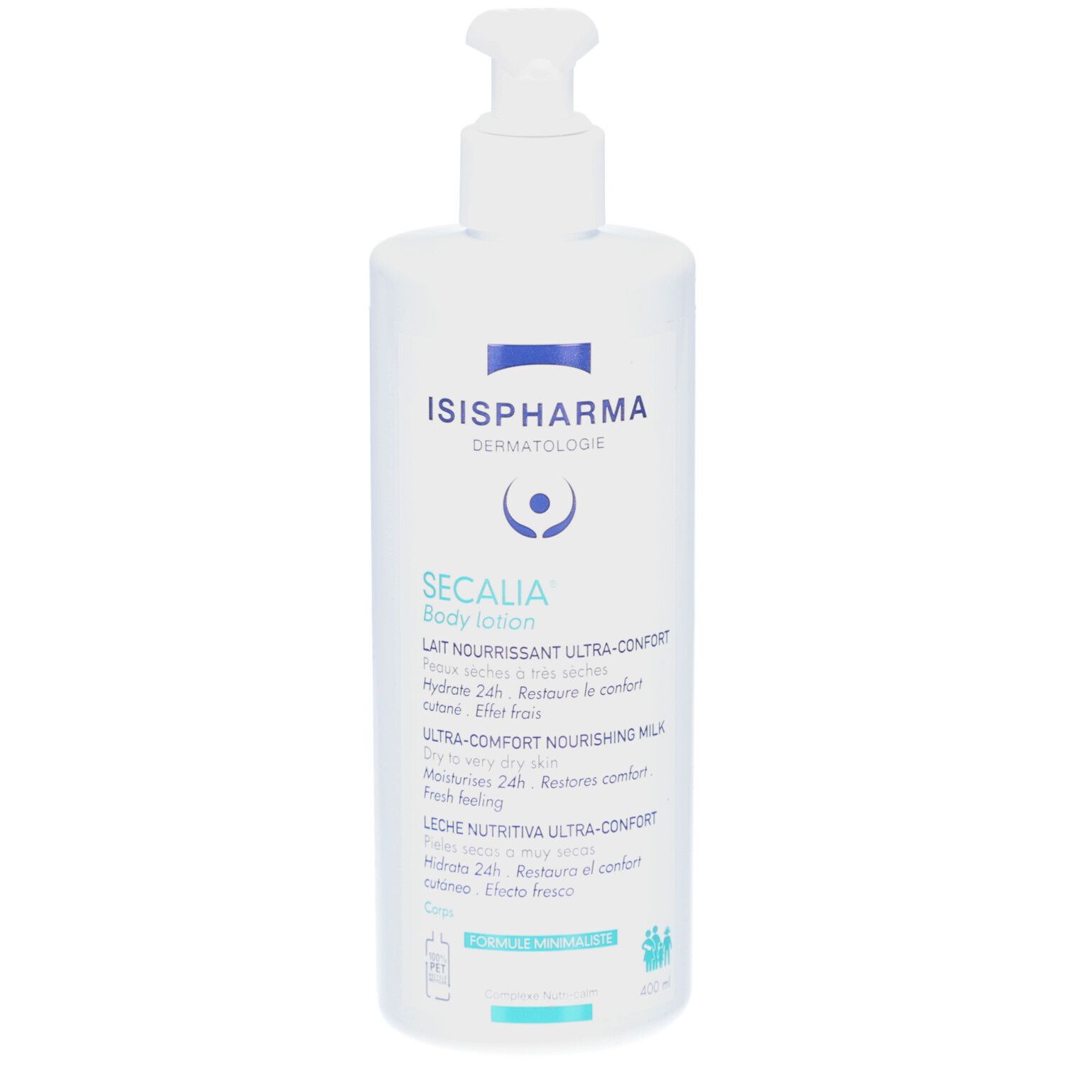 Weiße Flasche ISISPHARMA Secalia Body Lotion mit Dosierpumpe. Text: Lait Nourrissant Ultra-Confort, Hydrate 24h, Ultra-Comfort Nourishing Milk.