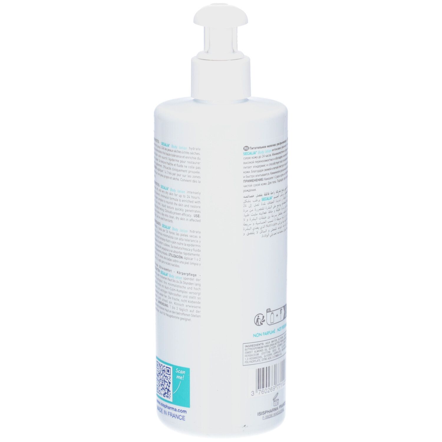 Weiße Flasche ISISPHARMA Secalia Body Lotion mit Dosierpumpe. Text: Lait Nourrissant Ultra-Confort, Hydrate 24h, Ultra-Comfort Nourishing Milk.