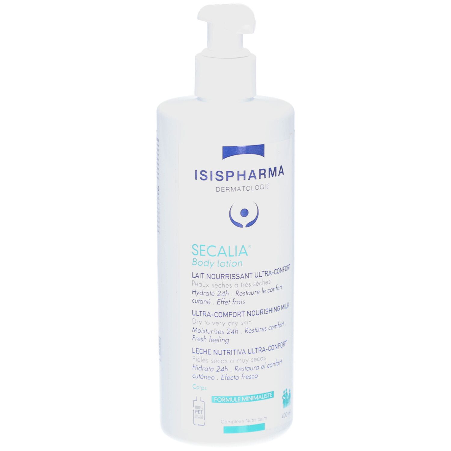 Weiße Flasche ISISPHARMA Secalia Body Lotion mit Dosierpumpe. Text: Lait Nourrissant Ultra-Confort, Hydrate 24h, Ultra-Comfort Nourishing Milk.