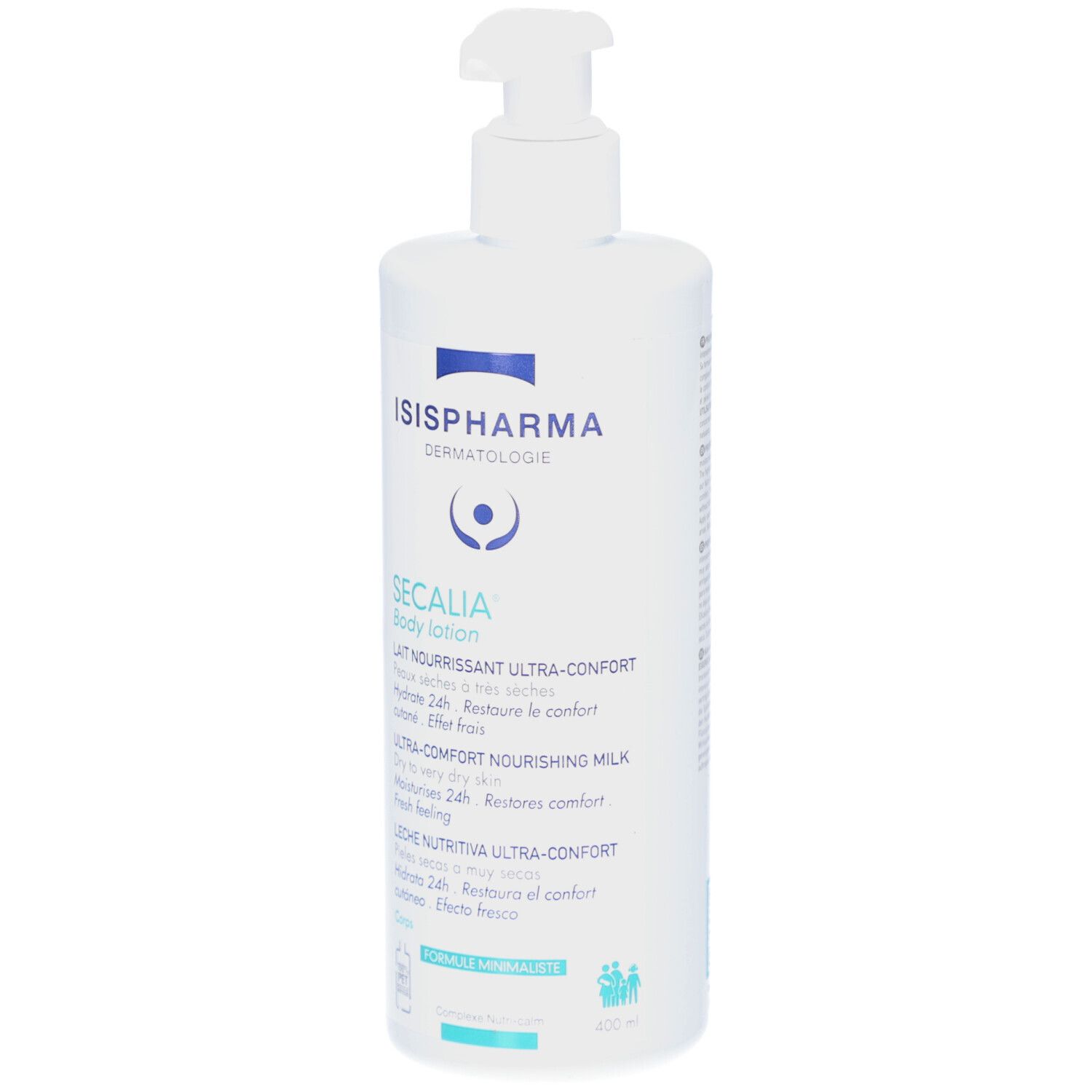 Weiße Flasche ISISPHARMA Secalia Body Lotion mit Dosierpumpe. Text: Lait Nourrissant Ultra-Confort, Hydrate 24h, Ultra-Comfort Nourishing Milk.