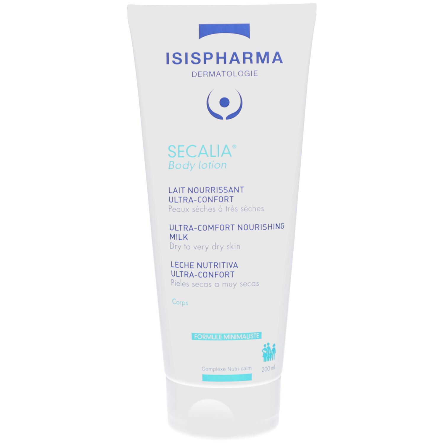 Weiße Tube mit ISISPHARMA Logo und Secalia Body Lotion Aufschrift. Text in Französisch und Englisch. Deckel oben.