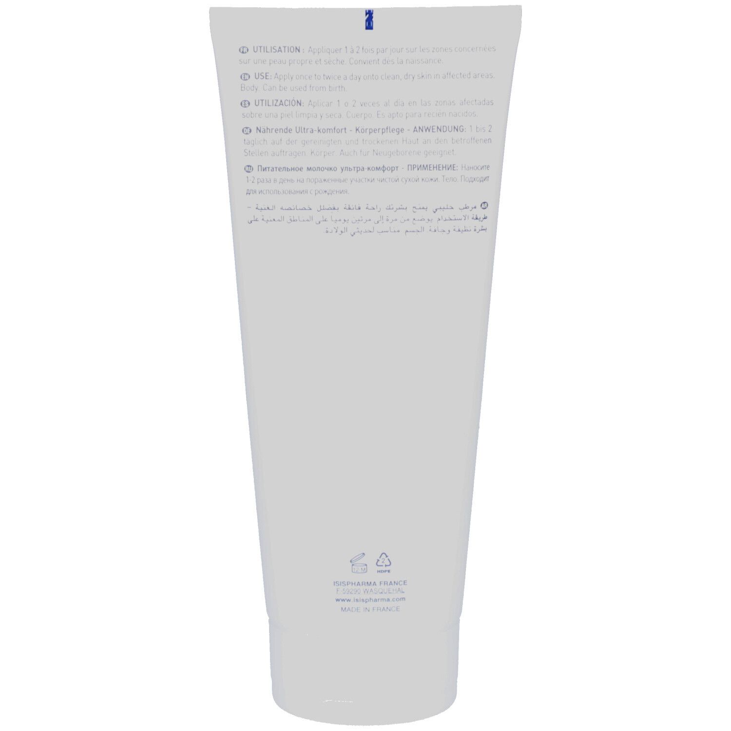 Rückseite einer weißen Tube. Text in mehreren Sprachen, darunter Französisch, Englisch und Deutsch. Hergestellt in Frankreich.