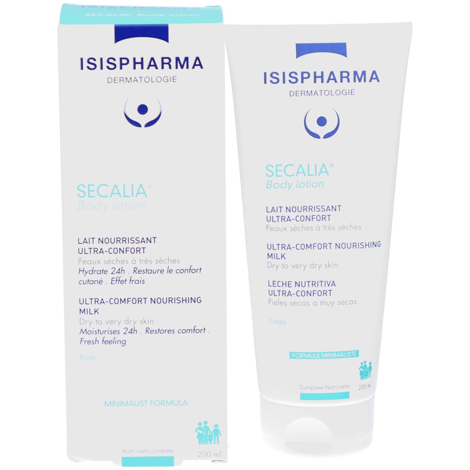 Produktverpackung und Tube. Weiße Verpackung mit ISISPHARMA Logo und Secalia Body Lotion. Text in mehreren Sprachen.
