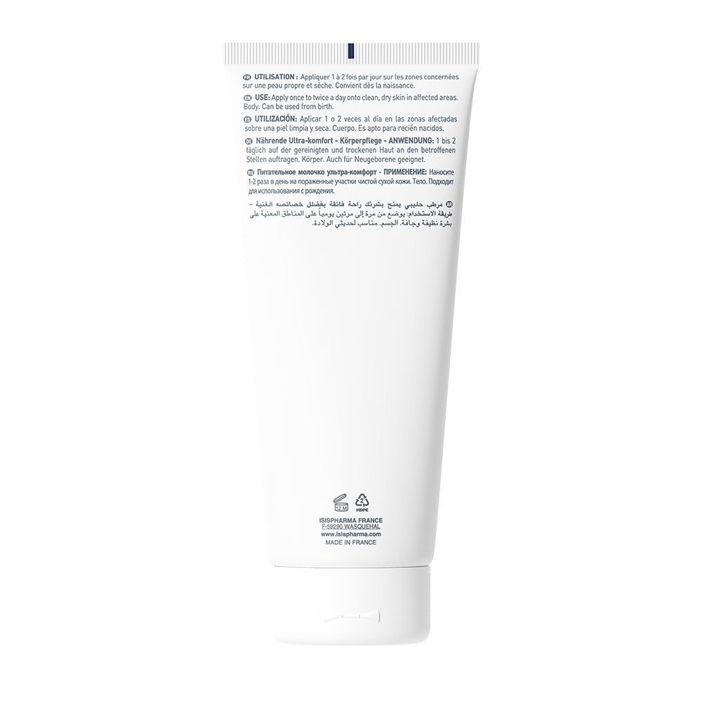 Rückseite einer weißen Tube. Text in mehreren Sprachen, darunter Französisch, Englisch und Deutsch. Hergestellt in Frankreich.