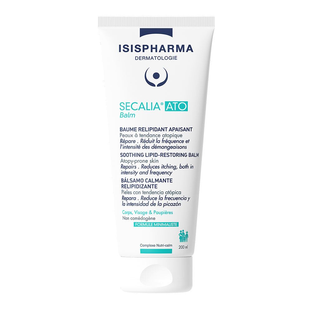 Tube blanc ISISPHARMA Secalia ATO Balm. Texte multilingue. 200ml. Pour corps, visage et paupières. Formule minimaliste.
