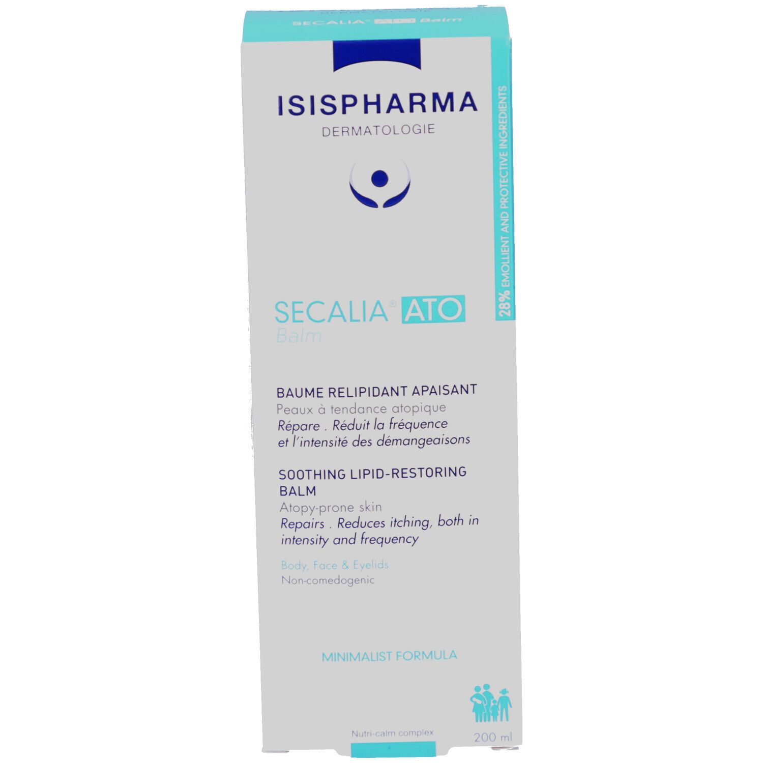 Emballage produit : boîte. Logo ISISPHARMA, Secalia ATO Balm. Texte multilingue. 20% d'émollients et ingrédients protecteurs.