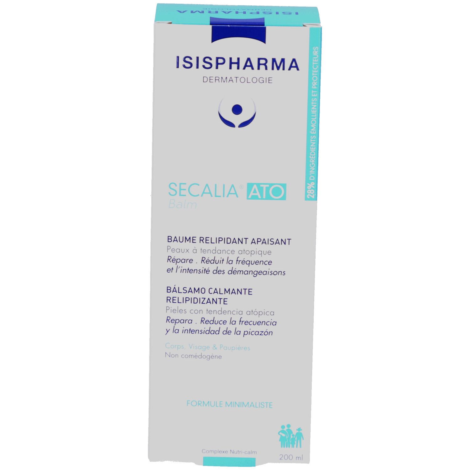 Emballage produit : boîte. Logo ISISPHARMA, Secalia ATO Balm. Texte multilingue. 200ml.