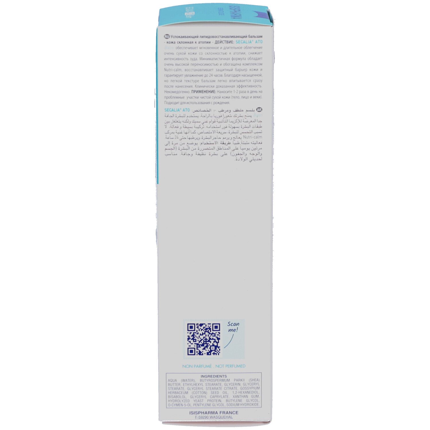 Dos de l'emballage du produit. Texte multilingue. Instructions d'utilisation. Fabriqué en France. Code QR.