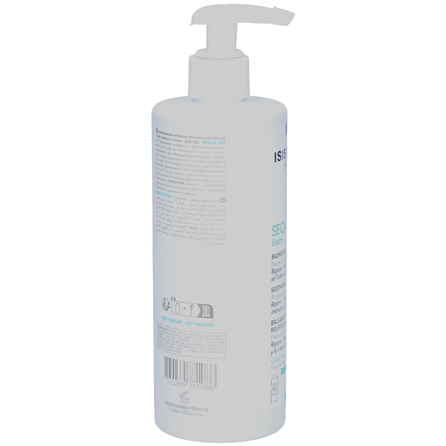 Rückseite einer weißen Flasche mit Pumpe. Text in mehreren Sprachen. QR-Code und Barcode.