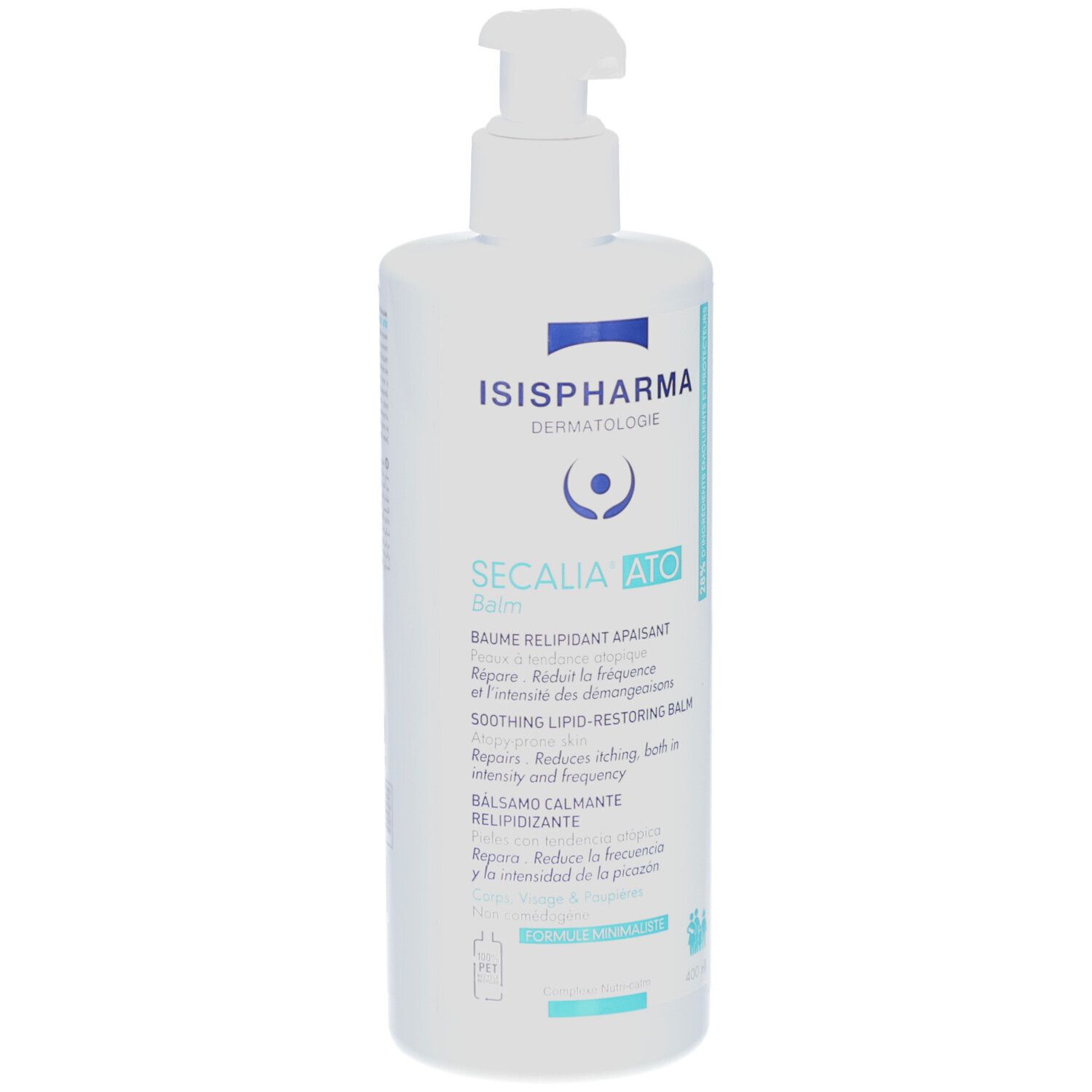 Weiße Flasche mit Pumpe. Aufschrift: ISISPHARMA, Secalia Ato Balm. Text in Französisch und Englisch.