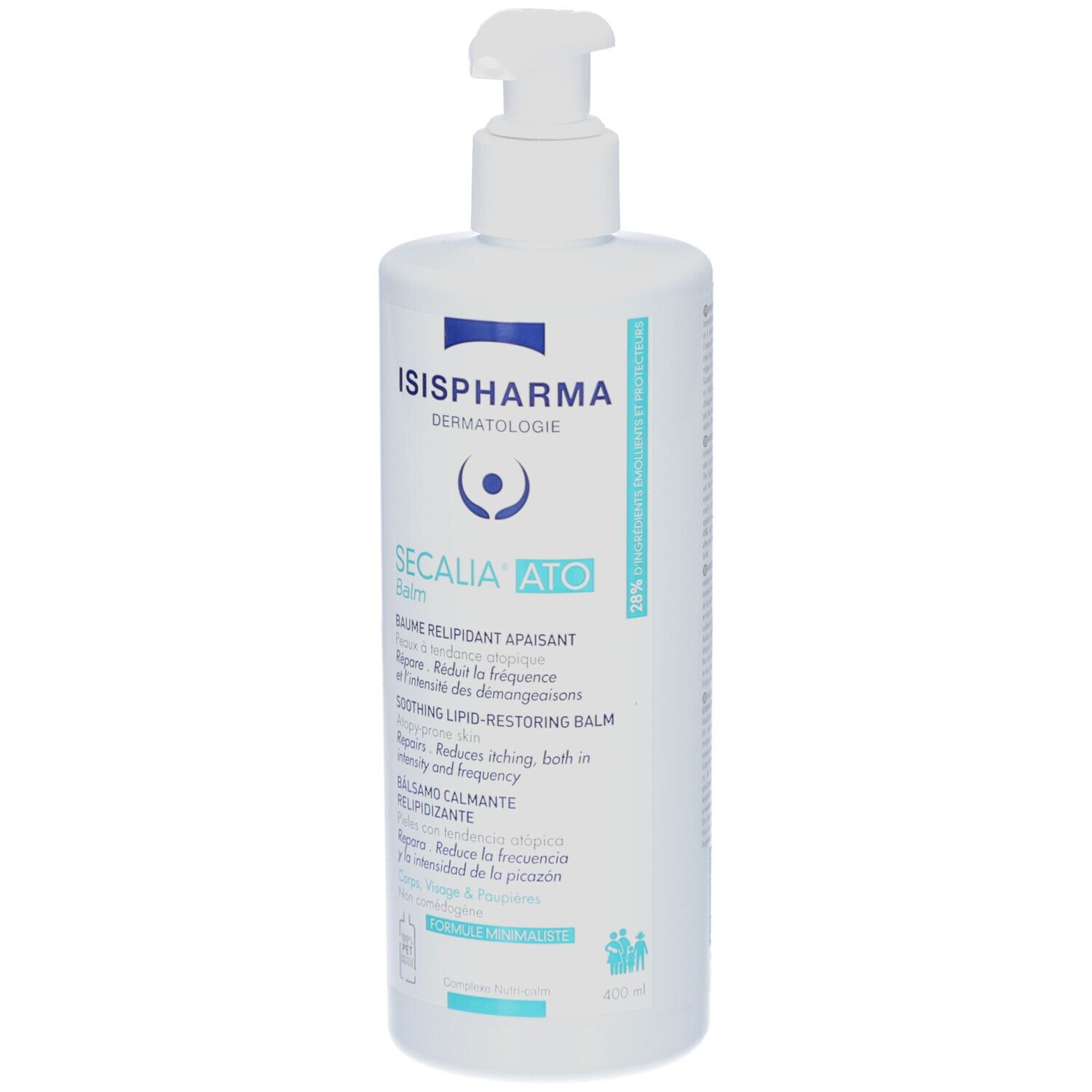 Weiße Flasche mit Pumpe. Aufschrift: ISISPHARMA, Secalia Ato Balm. Text in Französisch und Englisch.