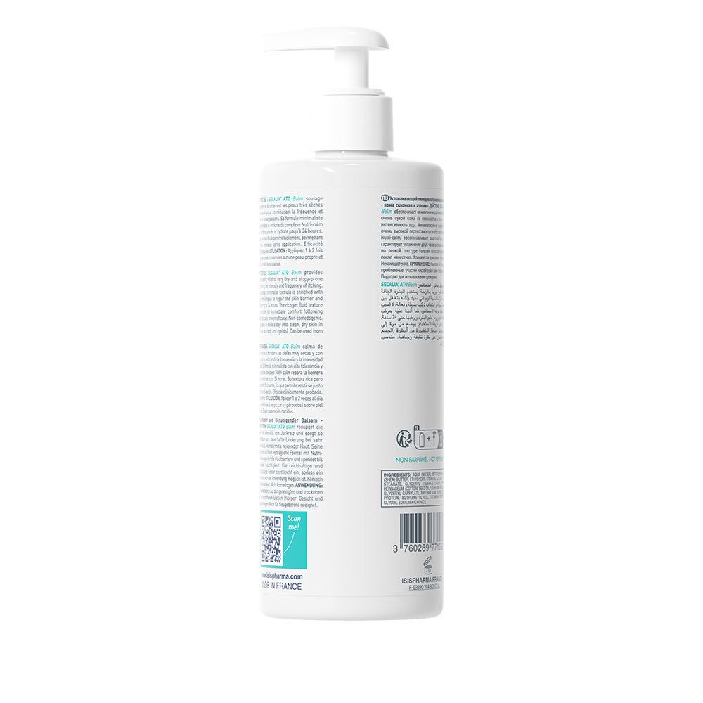 Rückseite einer weißen Flasche mit Pumpe. Text in mehreren Sprachen. QR-Code und Barcode.