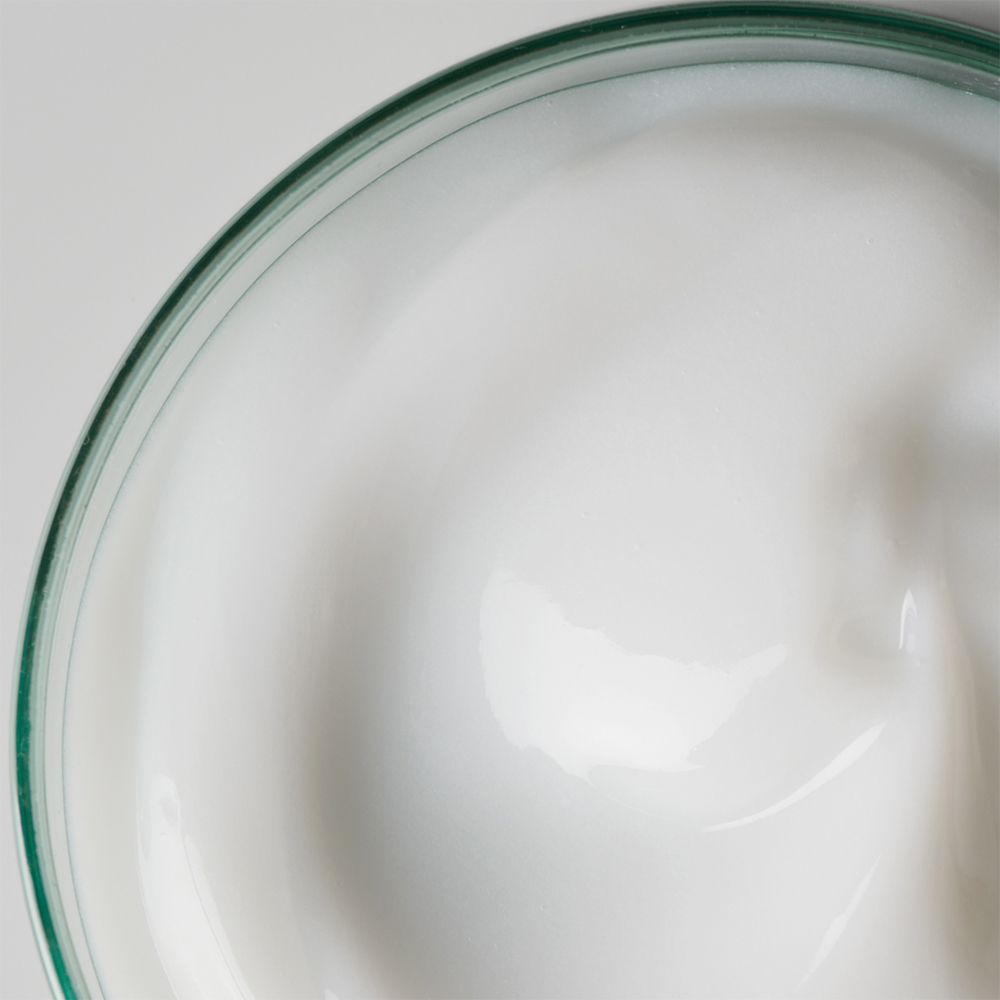Nahaufnahme einer weißen, cremigen Substanz in einer Glasschale mit grünem Rand.