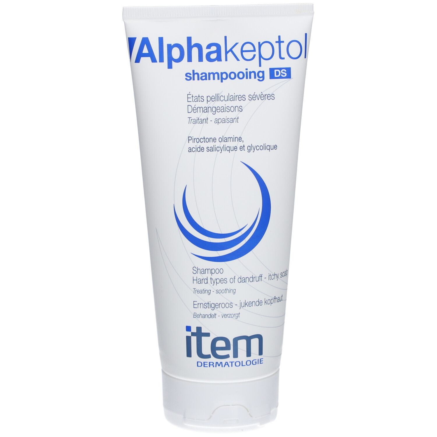 Weiße Tube mit blauem Logo und Schriftzug. Enthält Shampoo. Text in Französisch, Niederländisch und Deutsch.