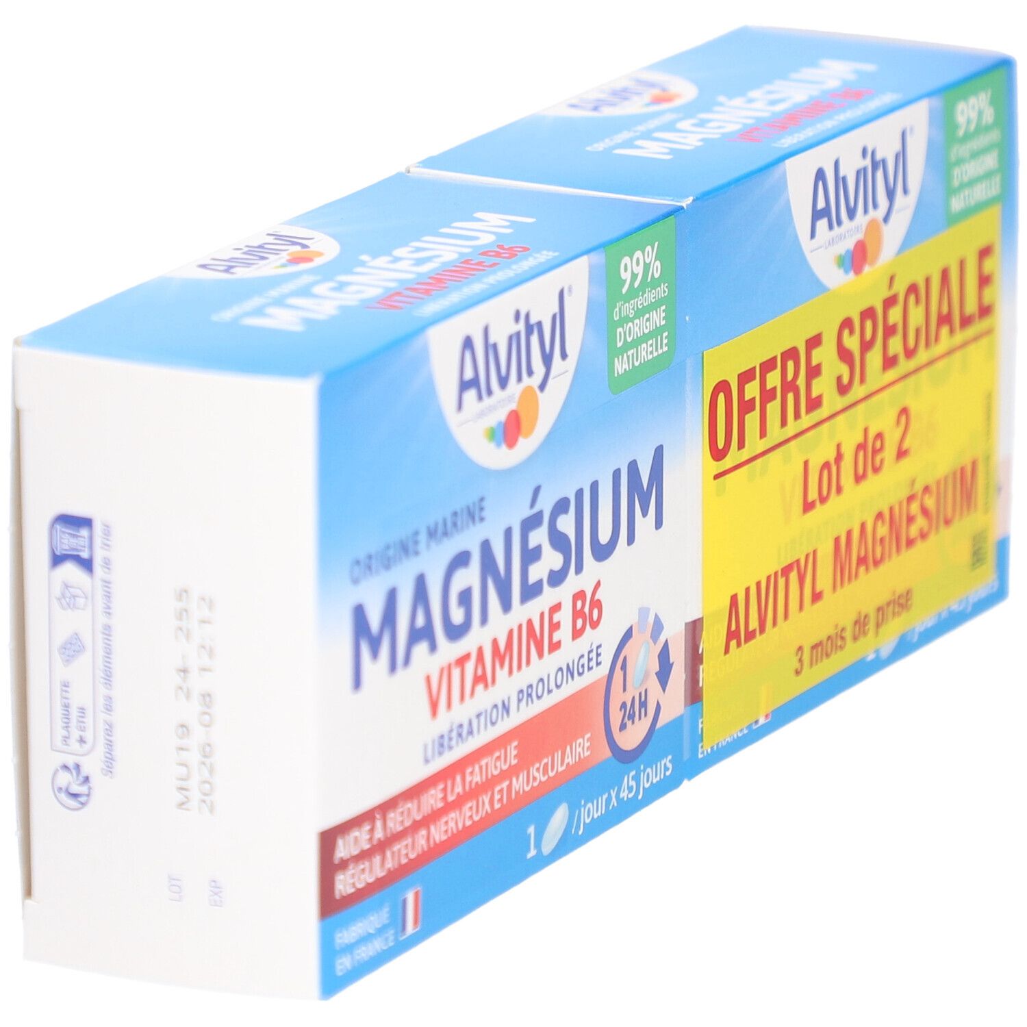 Boîte d'Alvityl Magnésium Vitamine B6 en biais. Emballage bleu avec nom du produit et informations. Autocollant jaune avec offre spéciale.