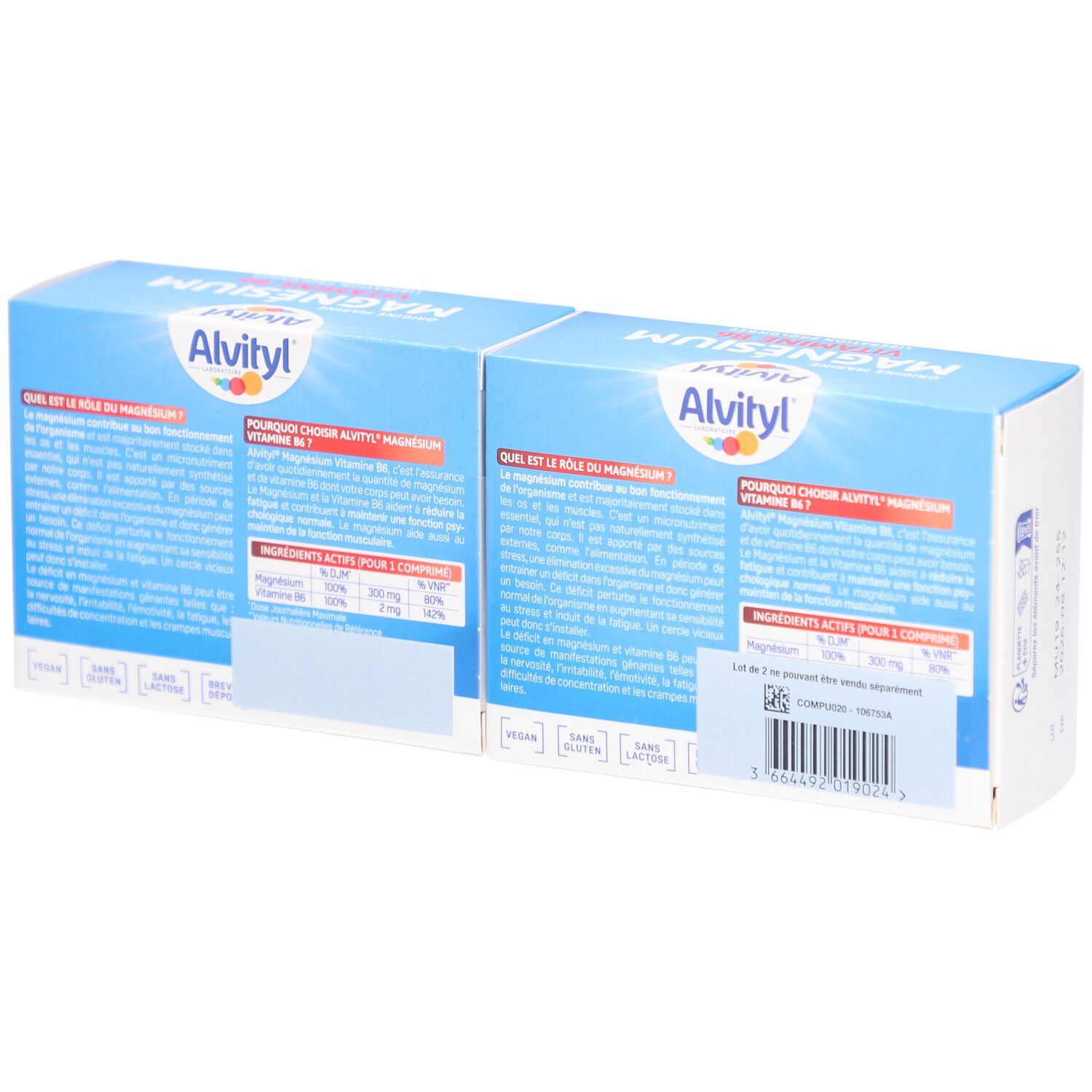 Dos de deux boîtes d'Alvityl Magnésium Vitamine B6. Emballage bleu avec informations sur le produit et ingrédients.