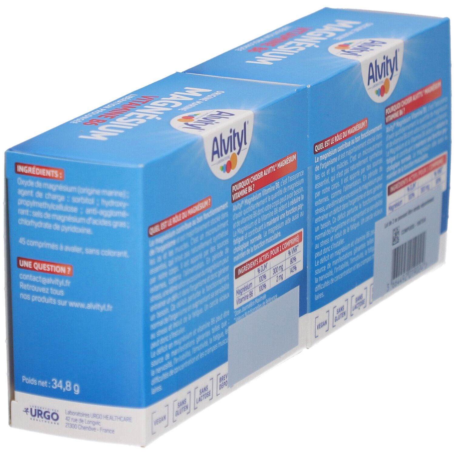 Dos et côtés de deux boîtes d'Alvityl Magnésium Vitamine B6. Emballage bleu avec informations et ingrédients.