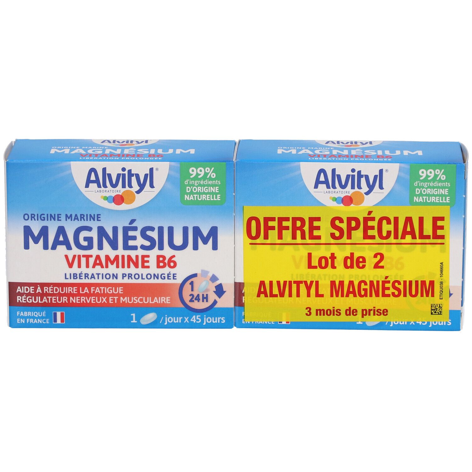 Deux boîtes d'Alvityl Magnésium Vitamine B6. Emballage bleu avec nom du produit et informations. Autocollant jaune avec offre spéciale.