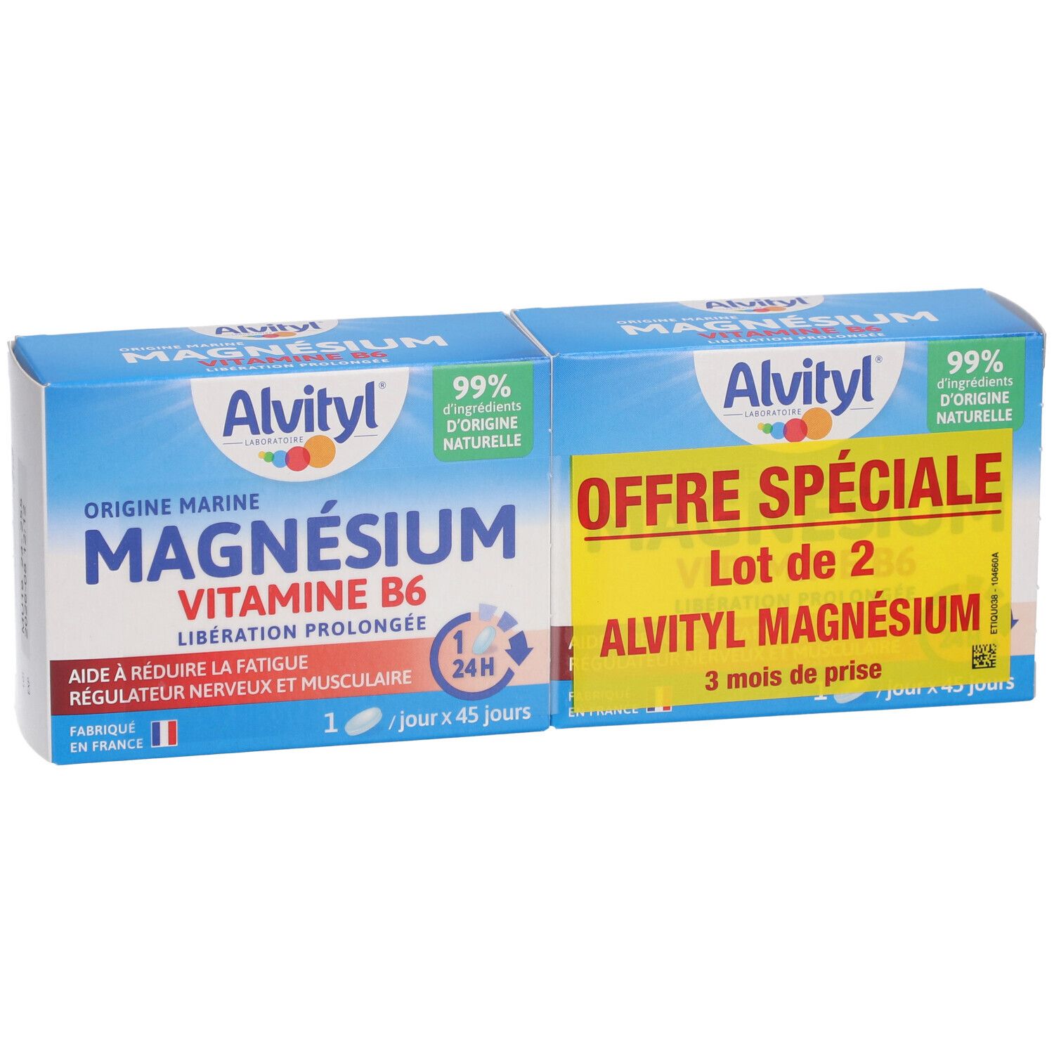 Deux boîtes d'Alvityl Magnésium Vitamine B6. Emballage bleu avec nom du produit et informations. Autocollant jaune avec offre spéciale.