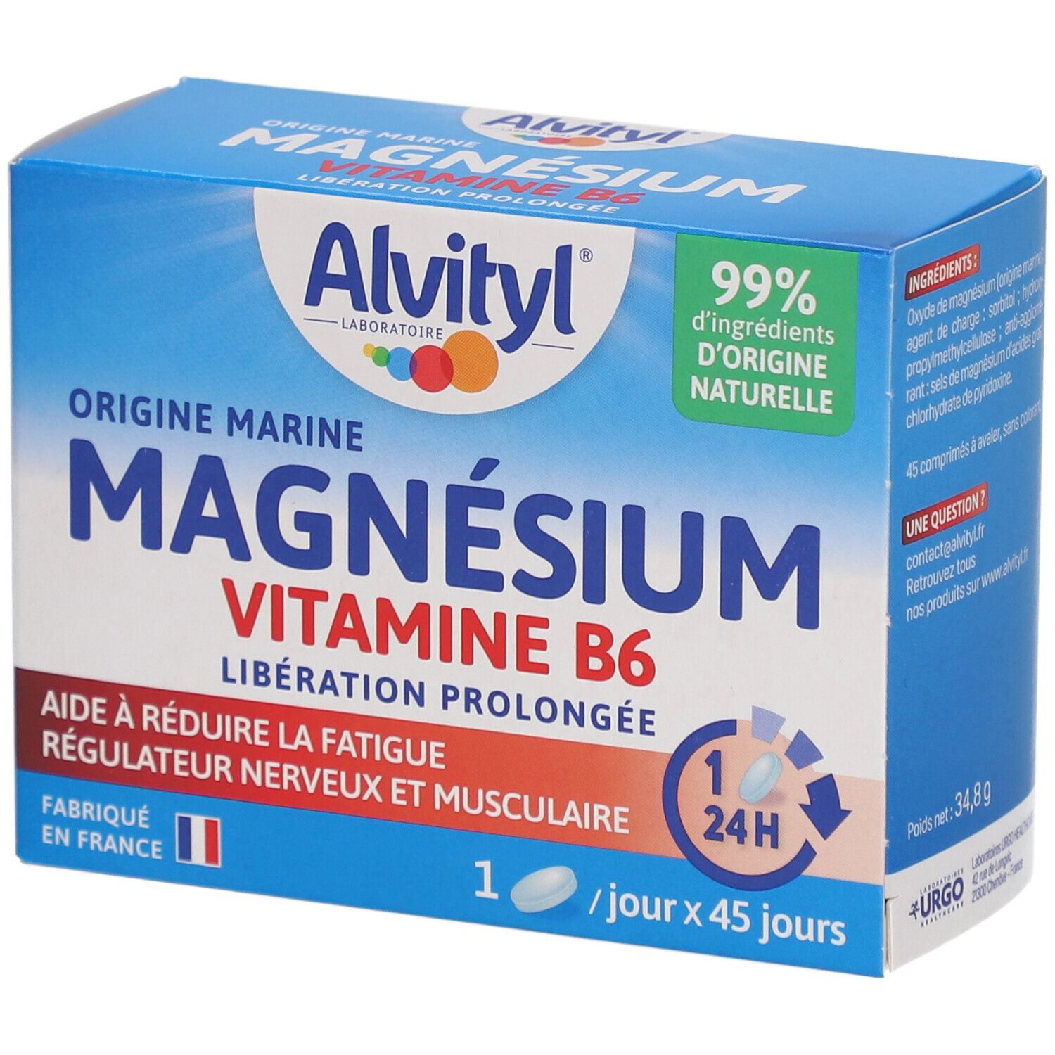 Boîte bleue et blanche avec logo et nom du produit. Contient des comprimés. Texte : Magnésium, Vitamine B6, Libération Prolongée.