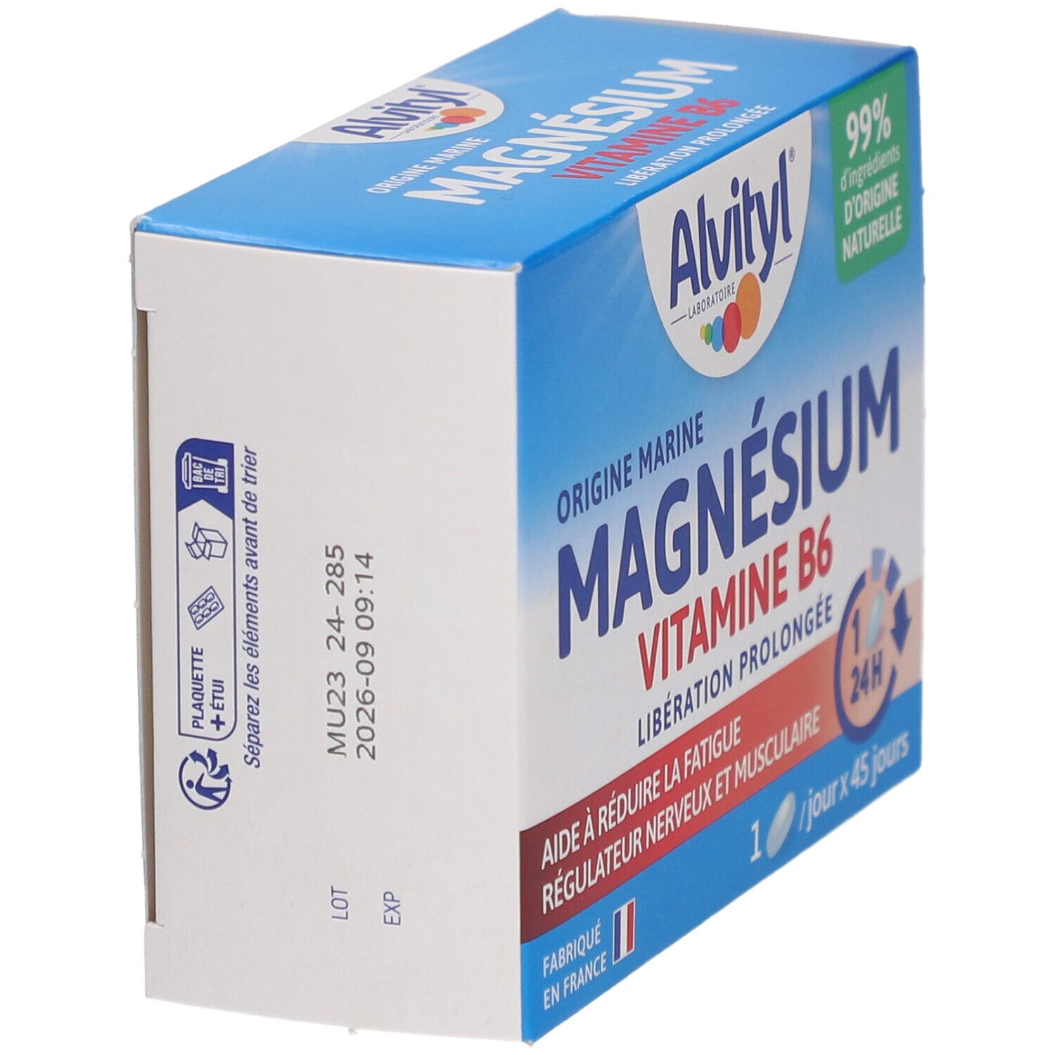 Boîte avec nom et logo du produit. Vue latérale avec texte et date de péremption. Texte : Magnésium, Vitamine B6, Libération Prolongée.