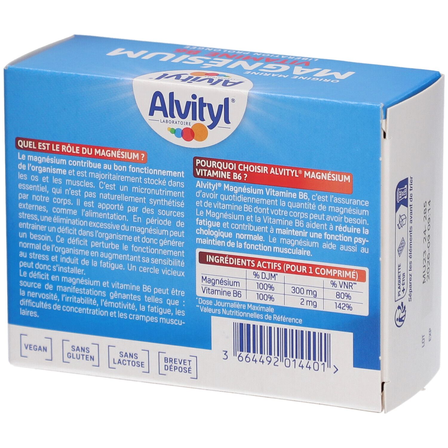 Dos de la boîte avec informations sur le produit. Texte : Magnésium, Vitamine B6, ingrédients, Vegan, Sans gluten, Sans lactose.