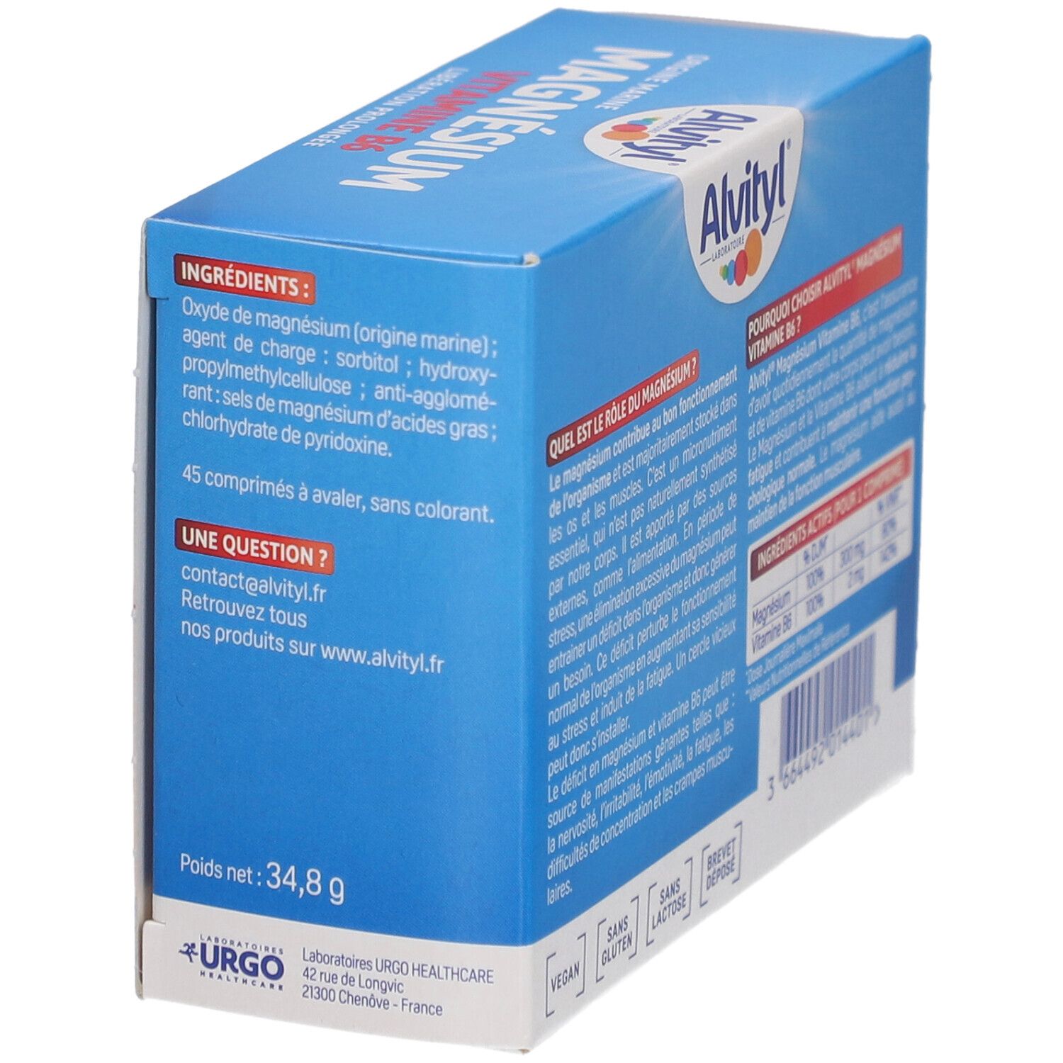 Boîte avec informations produit. Texte : Magnésium, Vitamine B6, ingrédients, poids 34,8 g, Vegan, Sans gluten, Sans lactose.