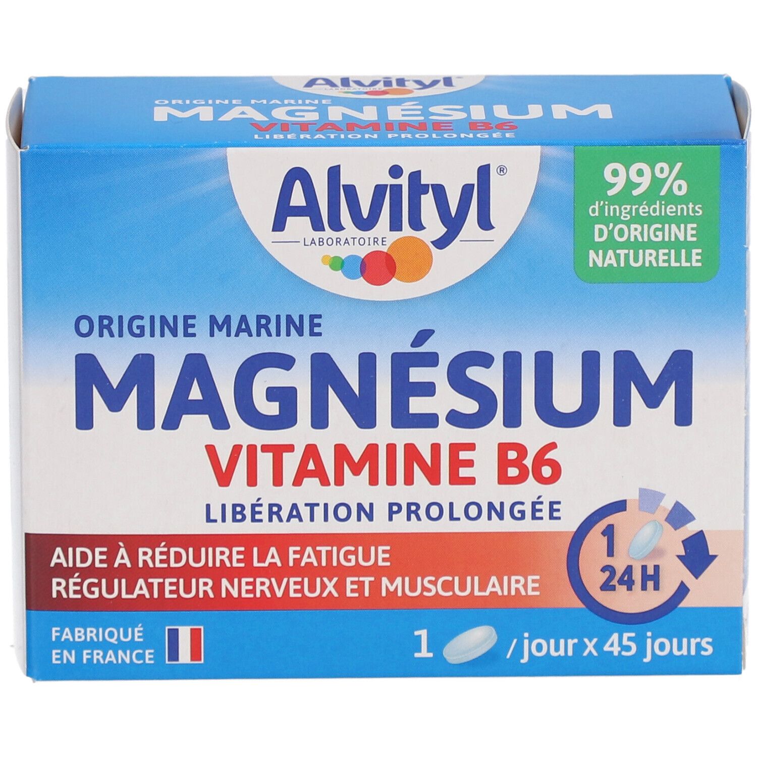Boîte bleue et blanche avec logo et nom du produit. Contient des comprimés. Texte : Magnésium, Vitamine B6, Libération Prolongée.