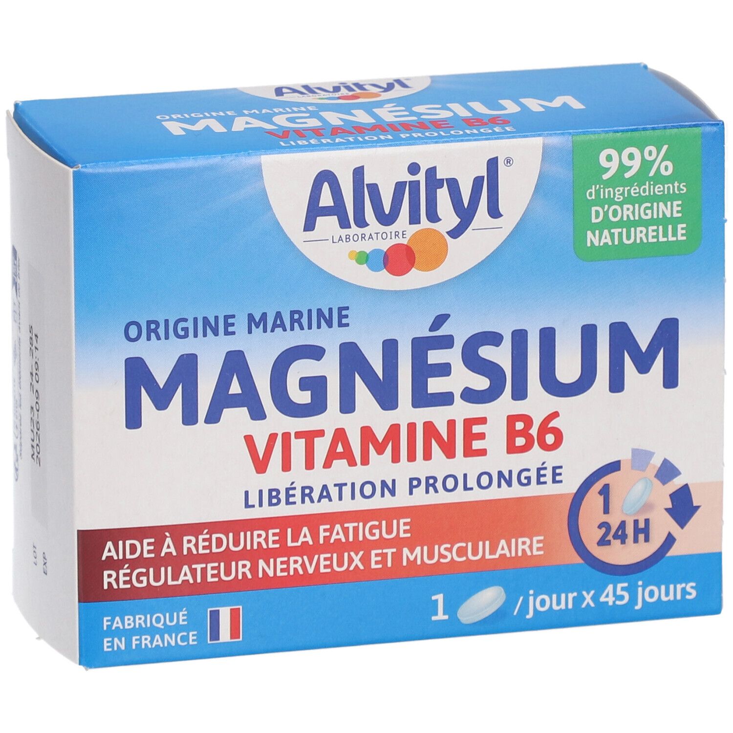 Boîte bleue et blanche avec logo et nom du produit. Contient des comprimés. Texte : Magnésium, Vitamine B6, Libération Prolongée.