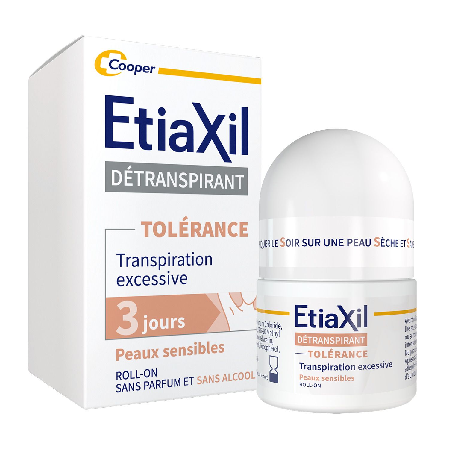 EtiaXil Détranspirant Roll-On et emballage. Inscription: Détranspirant, Tolérance, 3 jours, Peaux sensibles, Roll-On.