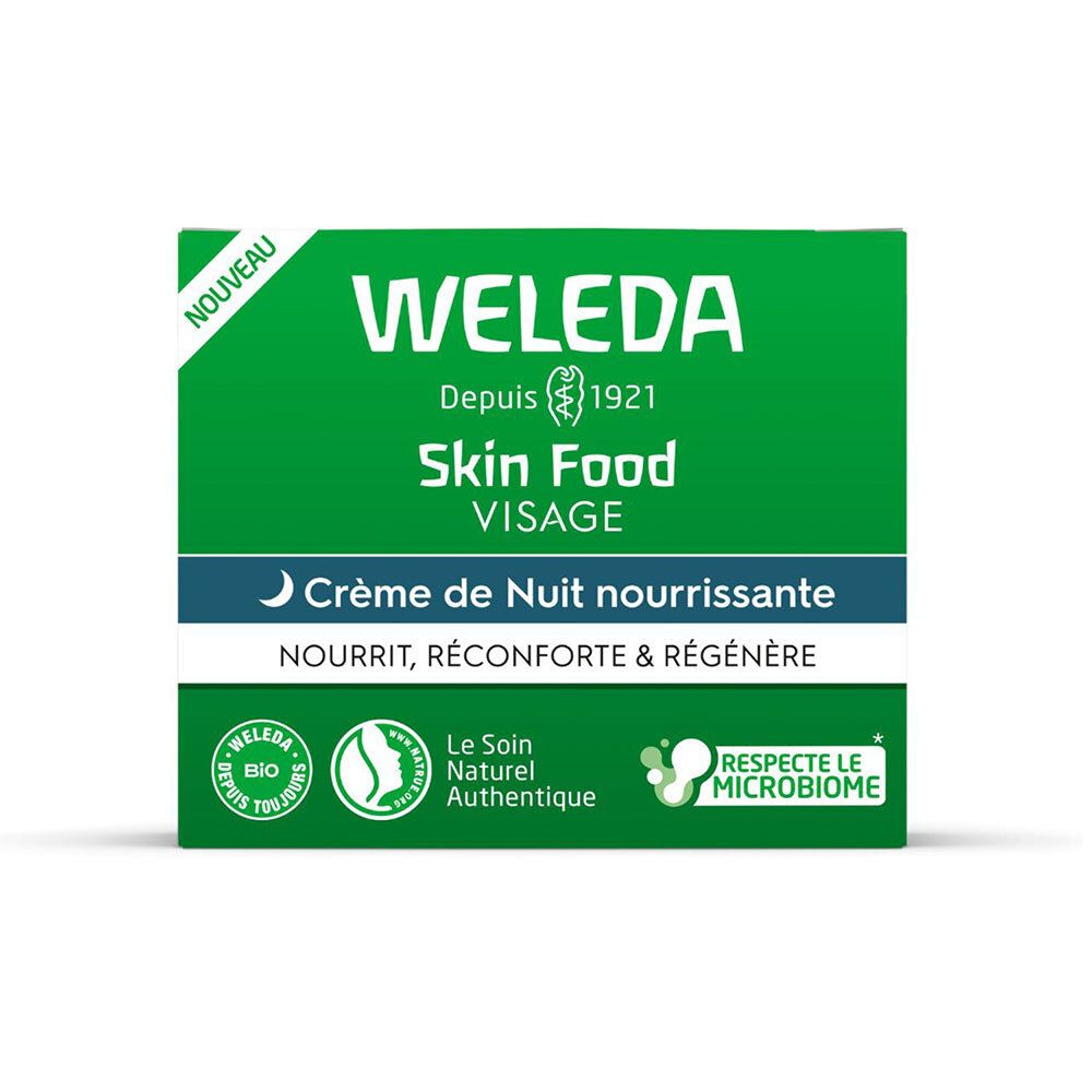 Grüne Schachtel mit Aufschrift: Weleda Skin Food Visage Crème de Nuit nourrissante. Bio-Siegel. Text: Nourrit, réconforte & régénère.