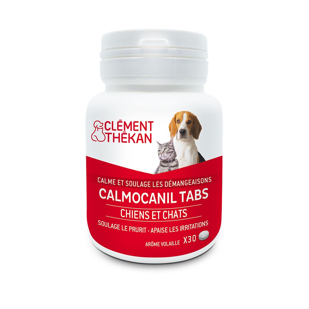 Weiße Flasche mit Calmocanil Tabs. Aufschrift: Clément Thékan, Calmocanil Tabs, Hunde und Katzen. Enthält 30 Tabletten.