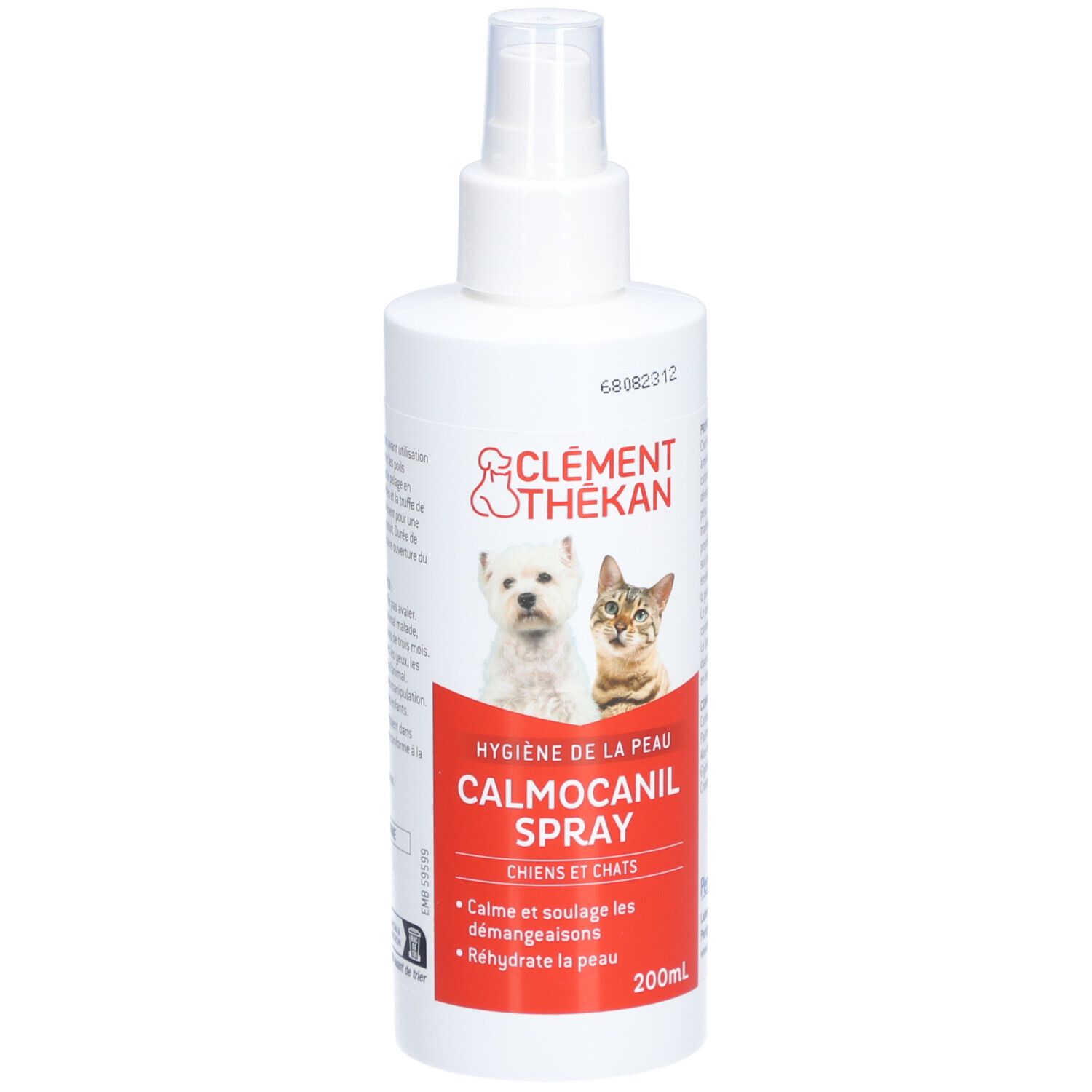 Weiße Sprühflasche mit Produktnamen und Logos. Enthält Abbildungen von Hund und Katze. Roter Streifen mit Produktbezeichnung und Text.