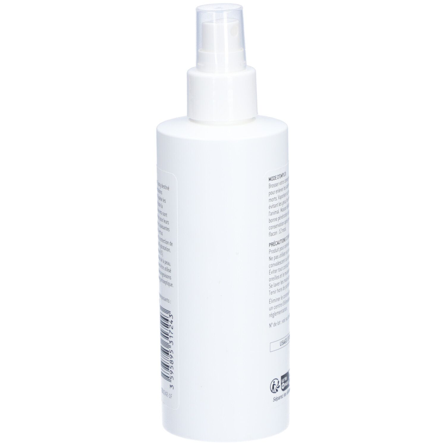 Weiße Sprühflasche, Seitenansicht. Barcode und Text auf der Flasche. Transparenter Sprühkopf.