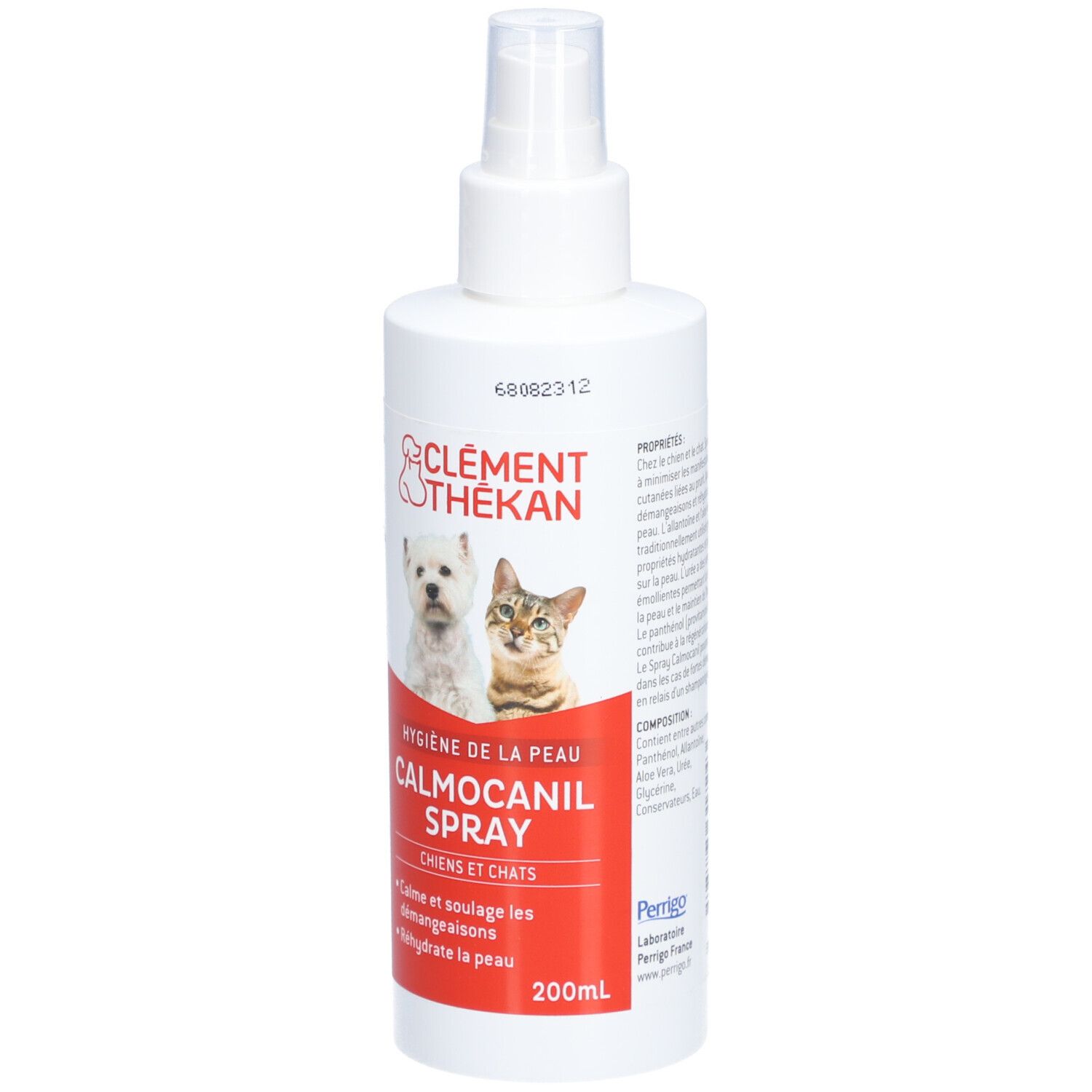 Weiße Sprühflasche mit Produktnamen und Logos. Enthält Abbildungen von Hund und Katze. Roter Streifen mit Produktbezeichnung und Text.
