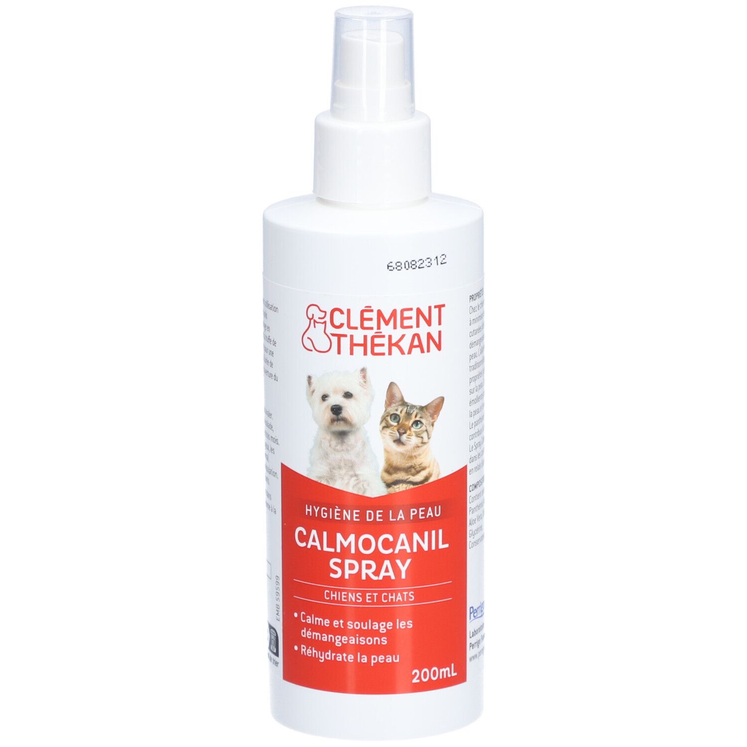 Weiße Sprühflasche mit Produktnamen und Logos. Enthält Abbildungen von Hund und Katze. Roter Streifen mit Produktbezeichnung und Text.