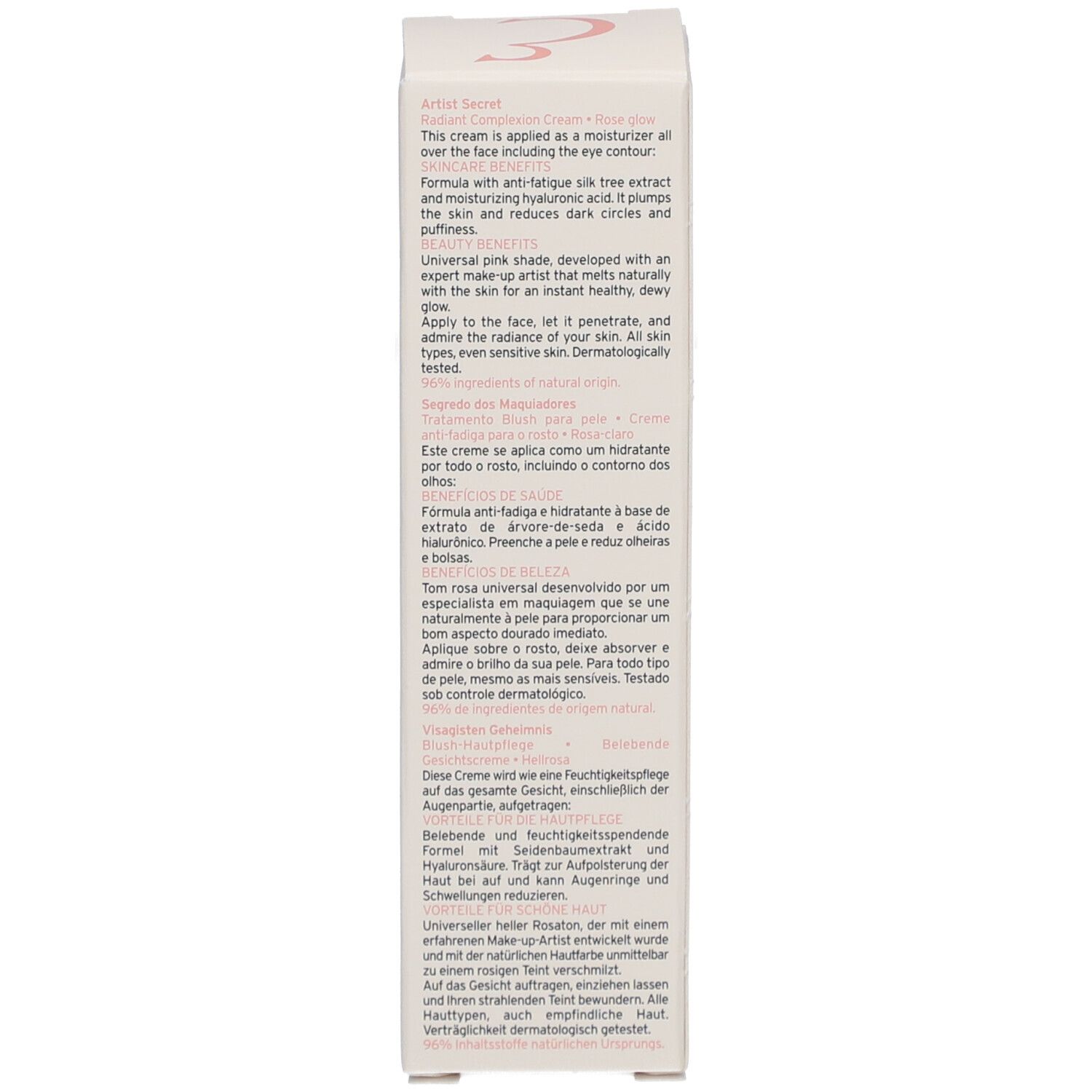 Côté de la boîte en carton avec informations sur le produit. Texte multilingue. Description du produit.