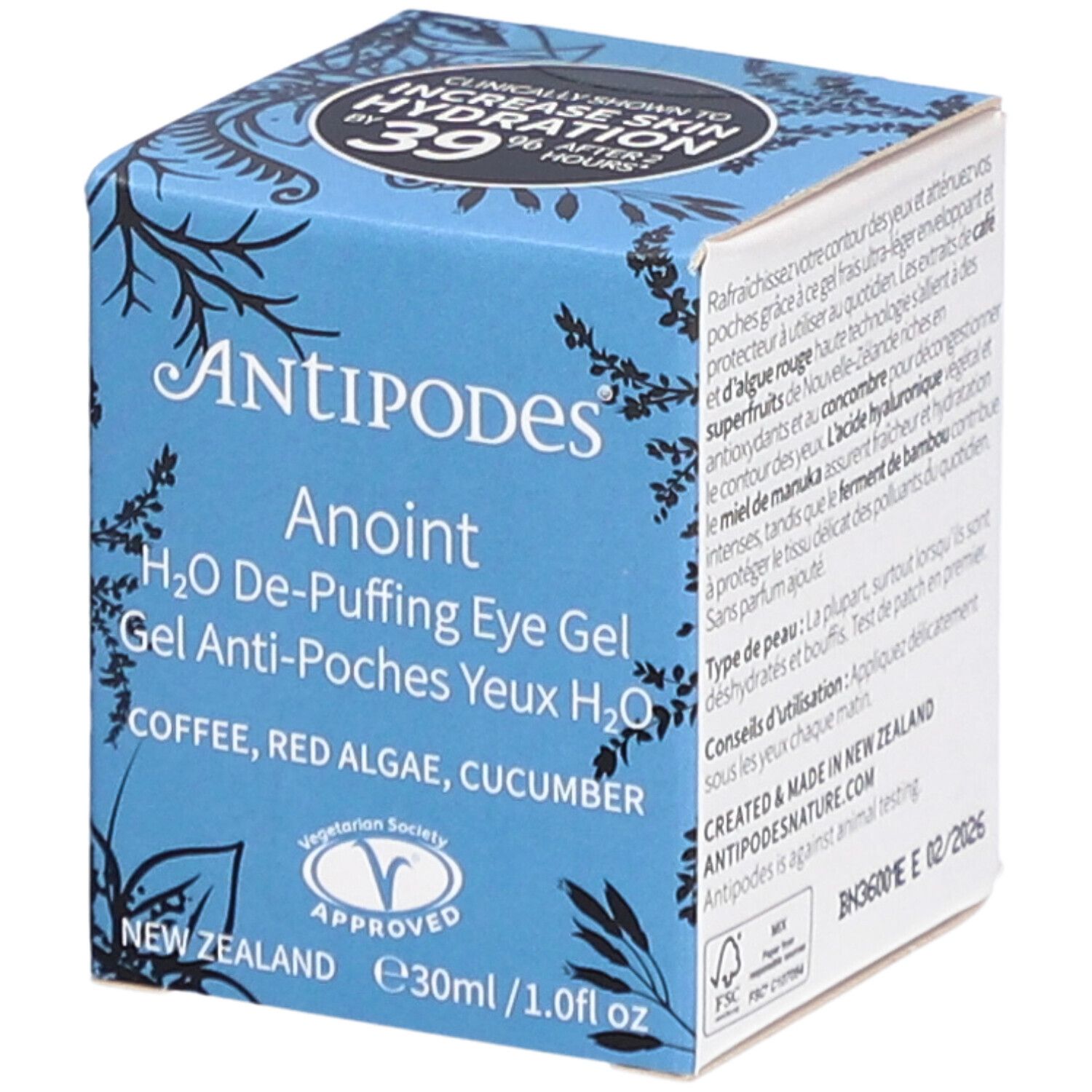 Boîte bleue "ANTIPODES Anoint". Gel anti-poches yeux H2O. Ingrédients : café, algue rouge, concombre. Logo Vegetarian Society.