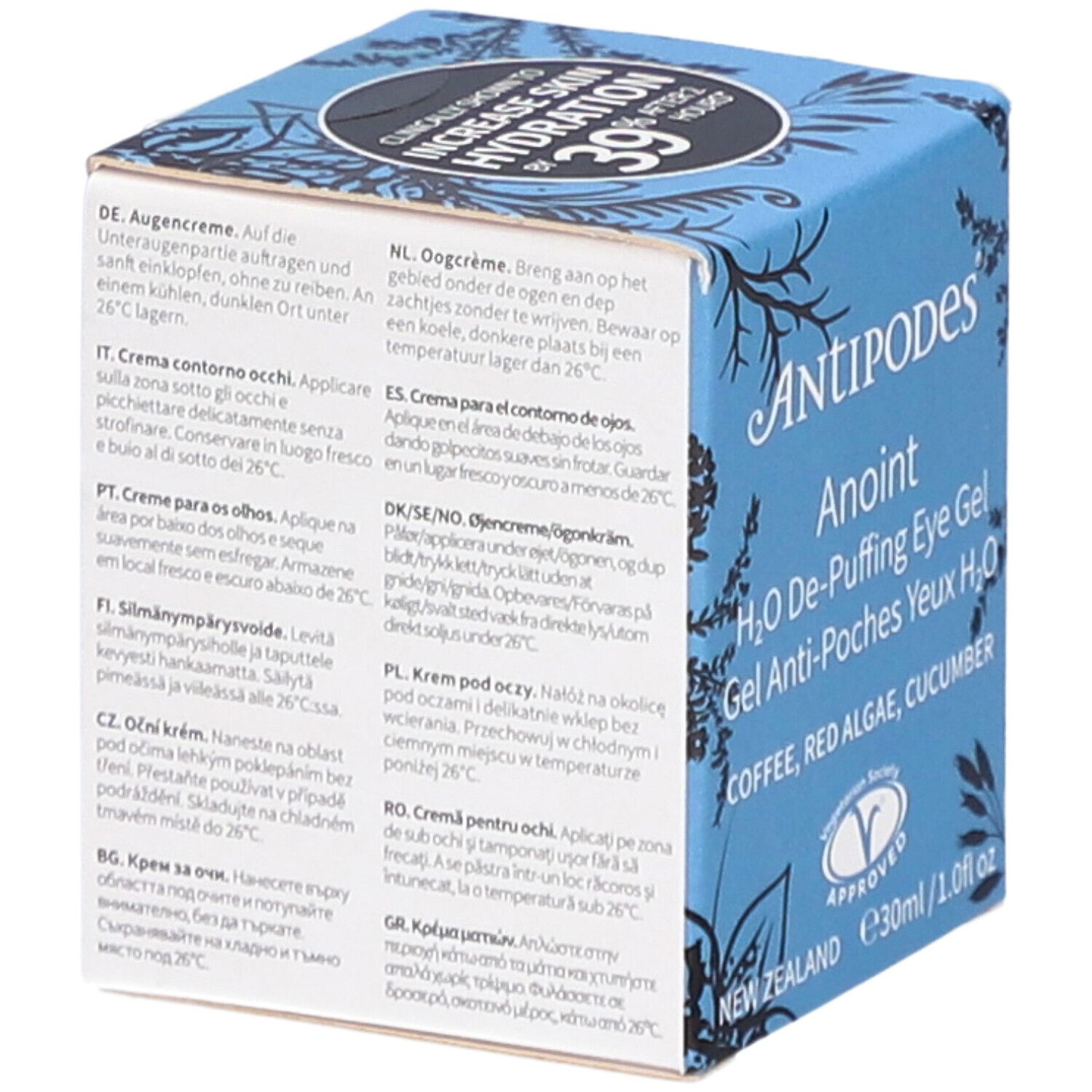 Boîte avec instructions multilingues. Informations sur l'utilisation et le stockage. Marque : ANTIPODES.