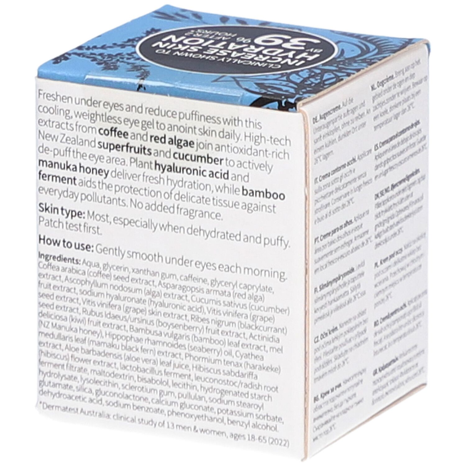 Boîte avec ingrédients et instructions d'utilisation. Informations sur le type de peau et les ingrédients. Marque : ANTIPODES.
