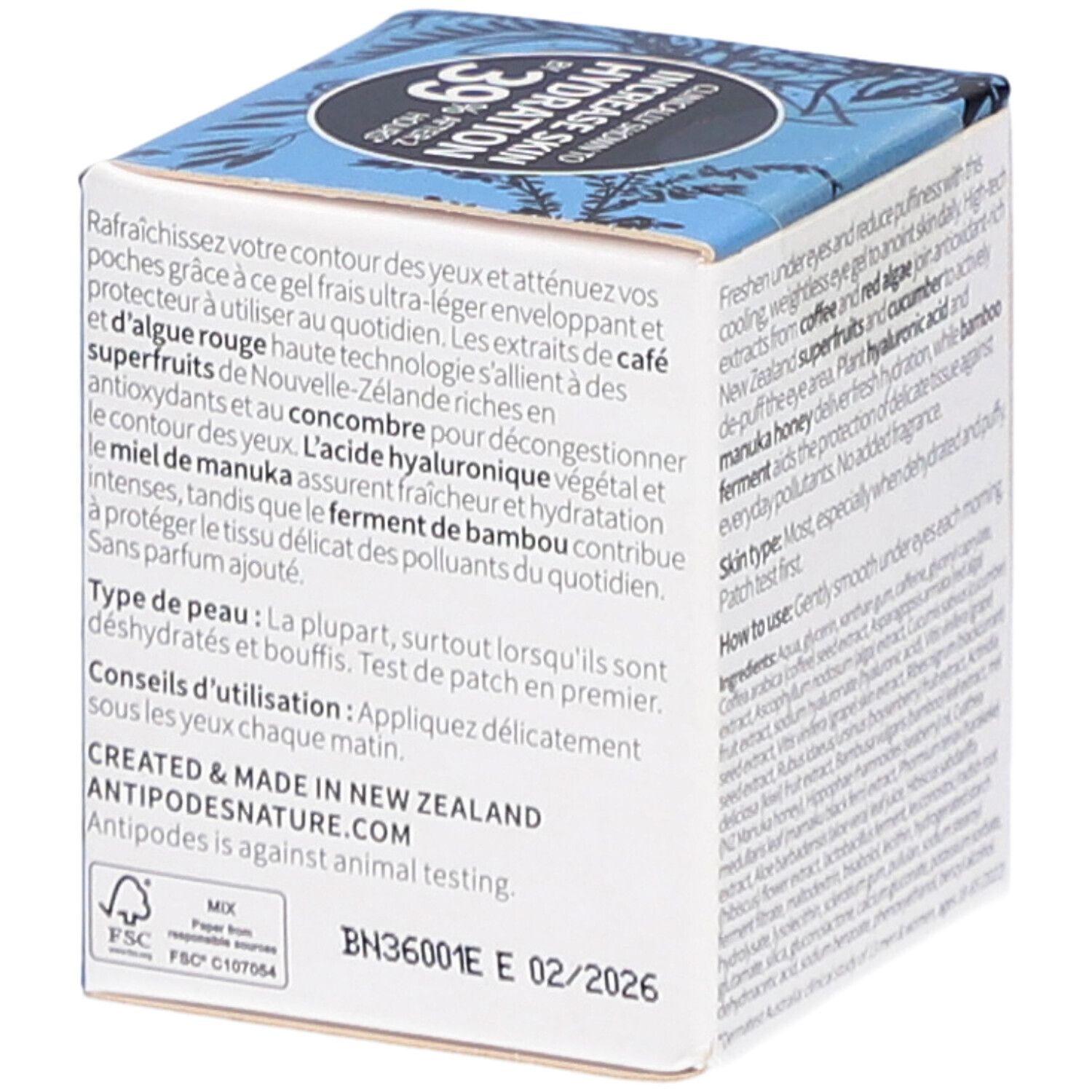 Boîte avec informations produit et ingrédients. Informations sur le type de peau et l'utilisation. Marque : ANTIPODES.