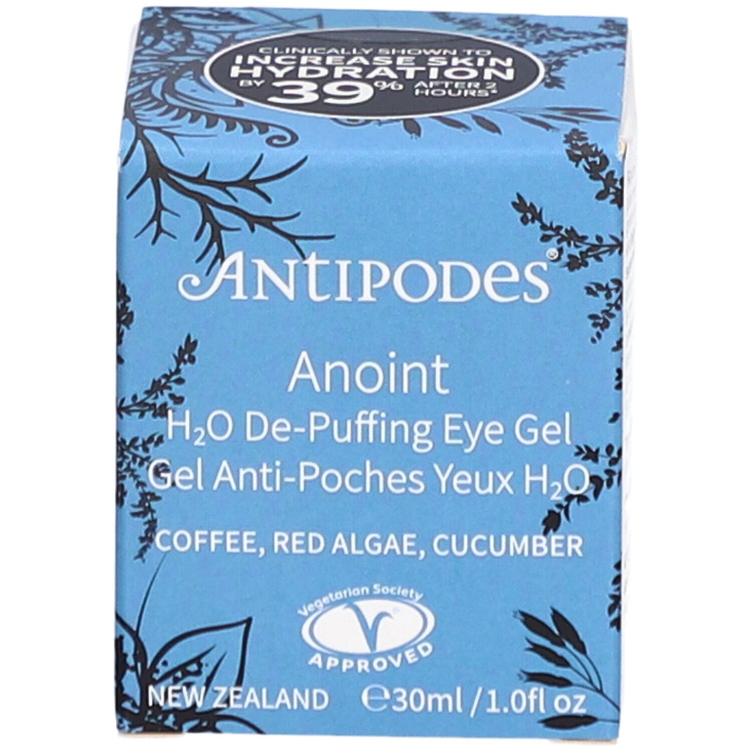 Boîte bleue "ANTIPODES Anoint". Gel anti-poches yeux H2O. Ingrédients : café, algue rouge, concombre. Logo Vegetarian Society.