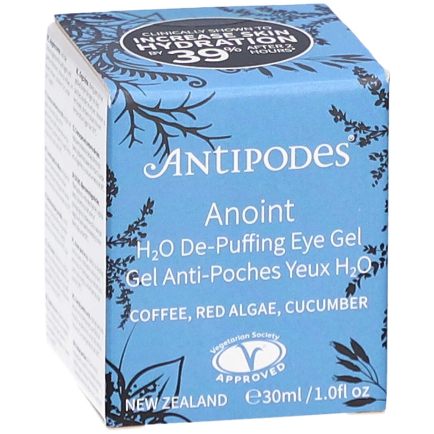 Boîte bleue "ANTIPODES Anoint". Gel anti-poches yeux H2O. Ingrédients : café, algue rouge, concombre. Logo Vegetarian Society.