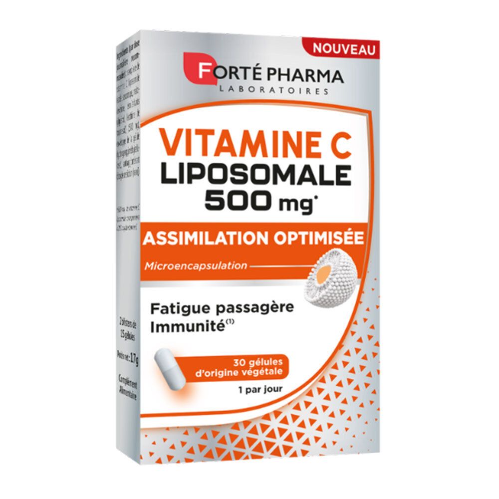 Boîte avec logo et nom du produit. Illustration de gélule. Texte: Vitamine C Liposomale 500 mg, Assimilation Optimisée.