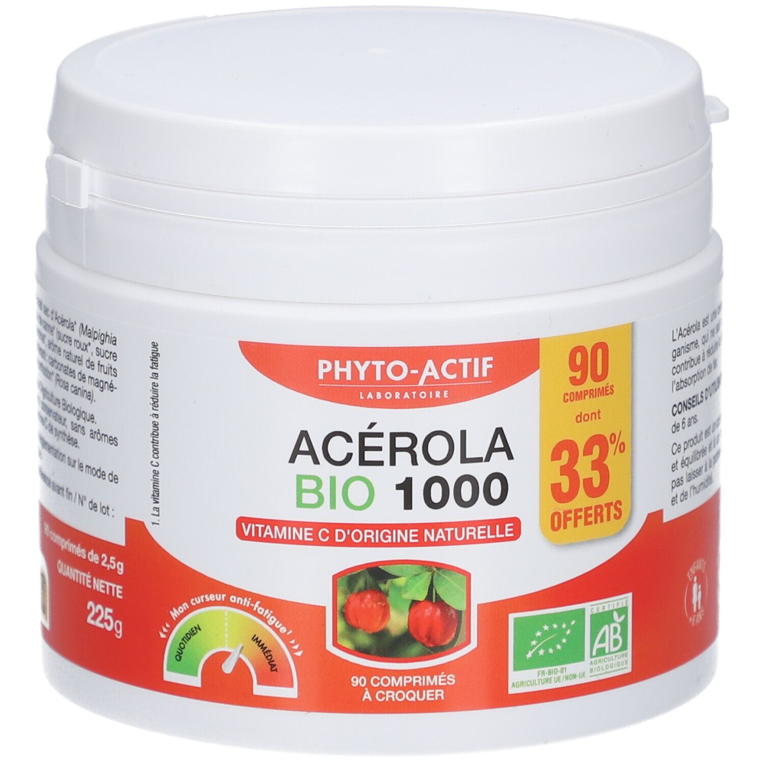Pot blanc avec étiquette rouge et verte. Inscription: PHYTO-ACTIF Acerola Bio 1000, 90 comprimés, 33% offerts.