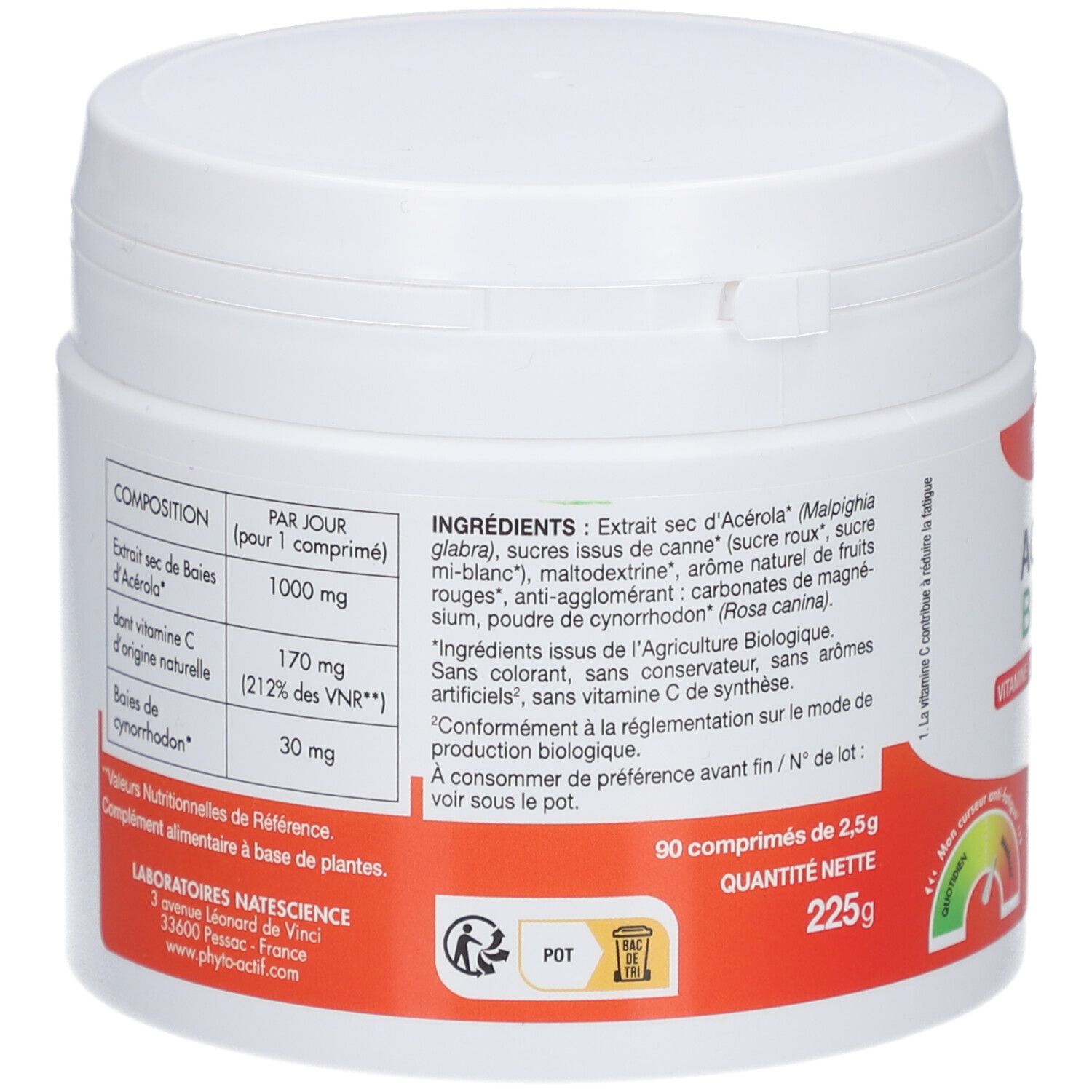 Dos du pot blanc avec étiquette rouge. Texte: Ingrédients, informations nutritionnelles, 90 comprimés, 225g.