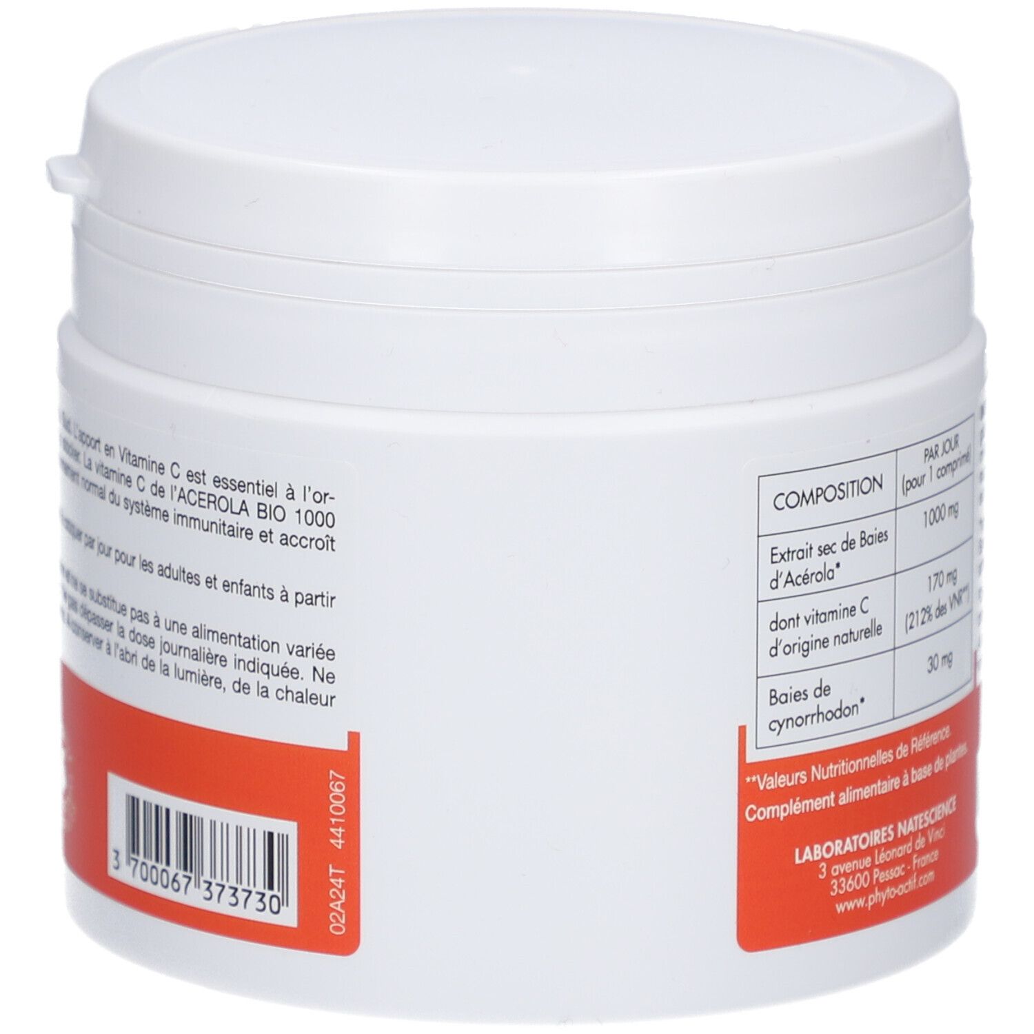 Vue latérale du pot blanc avec étiquette rouge. Texte: Composition, informations nutritionnelles, code-barres.